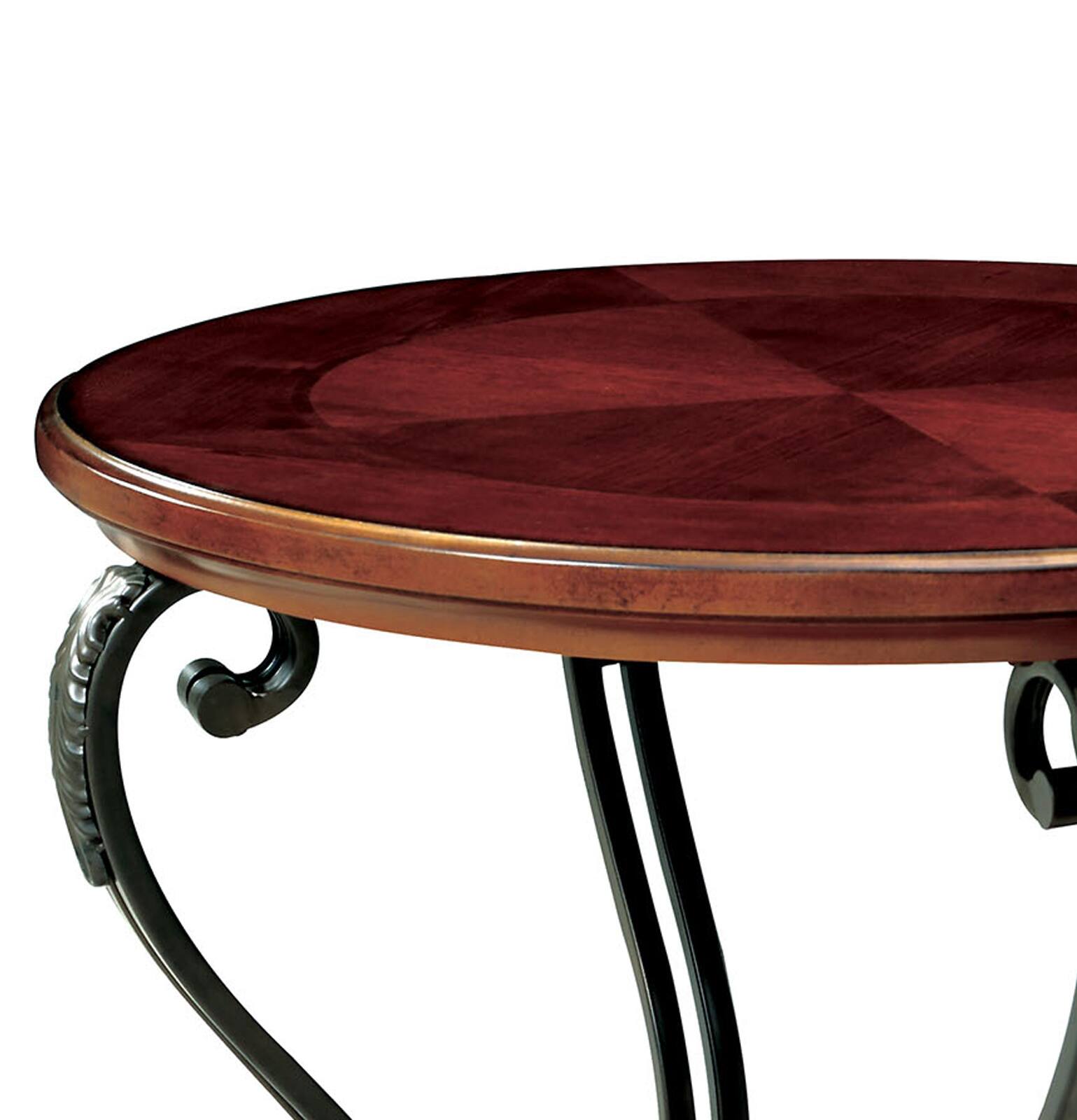 Alt View 2. Manhattan Lane - Round Wood and Metal End Table with Scroll Details, Brown - Brown.