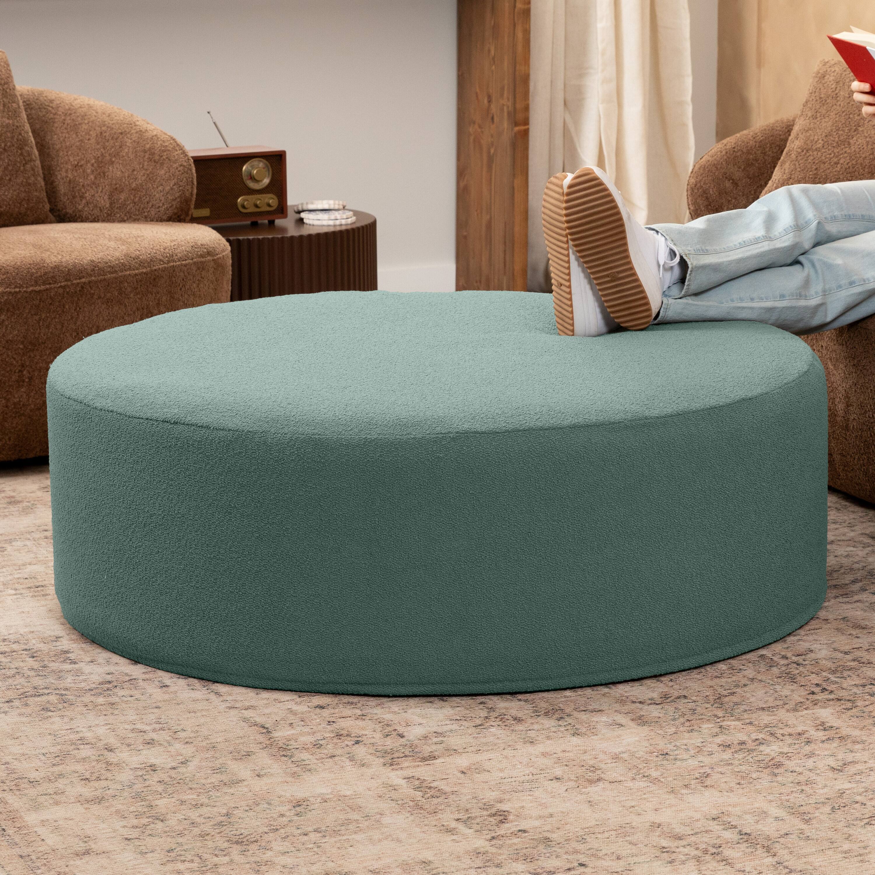 Angle. Jaxx - Jaxx Candler Round Couch Oversized Giant Coffee Table Ottoman 44”, Boucle Green - Boucle Green.
