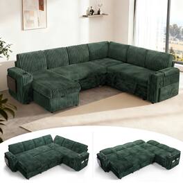 Dyonery - 110" Modular Sectional Sleeper Sofa with Pull Out Bed, 7 Seat L Shaped with Reclining Backrest,Corduroy Green - Green
