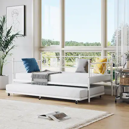 Front. Qeetex - Daybed with Trundle Metal Twin Daybed Frame with Headboard Multifunctional Mattress Foundation Platform Sofa Bed Metal - As Shown.
