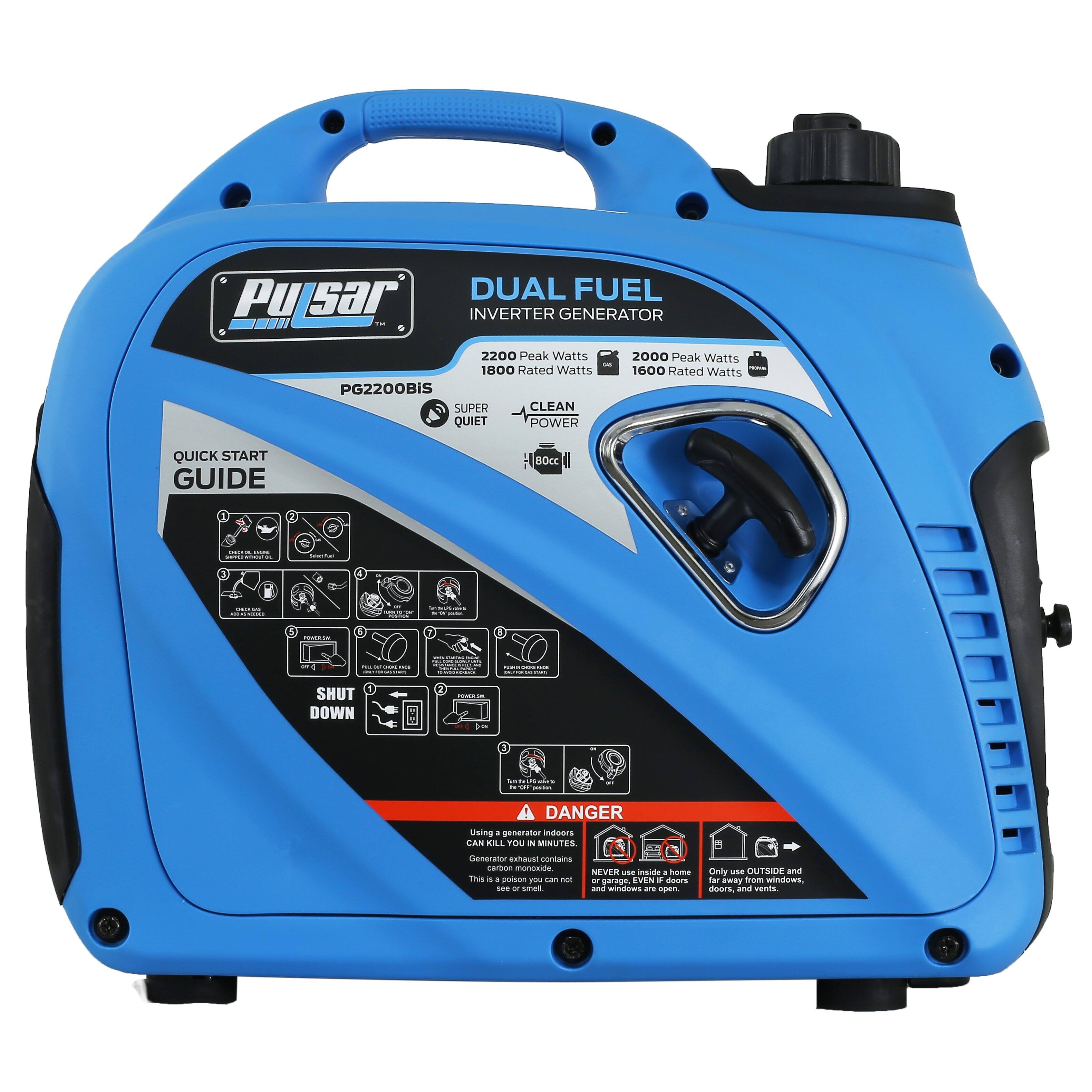 Pulsar DUAL FUEL INVERTER GENERATOR  
PG2200BIS  
2200 Peak Watts  
1800 Rated Watts  
2000 Peak Watts  
1600 Rated Watts  

SUPER CLEAN POWER  
SUPER QUIET  

QUICK START GUIDE  

SHUT DOWN  

DANGER  
Using a generator indoors CAN KILL YOU IN MINUTES.  
Generator exhaust contains carbon monoxide, a colorless, odorless, and tasteless gas.  
This is poison to you. See "small"  

DANGER  
Using a generator indoors CAN KILL YOU IN MINUTES.  
Generator exhaust contains carbon monoxide, a colorless, odorless, and tasteless gas.  
This is poison to you. See "small"  

DANGER  
Using a generator indoors CAN KILL YOU IN MINUTES.  
Generator exhaust contains carbon monoxide, a colorless, odorless, and tasteless gas.  
This is poison to you. See "small"  

DANGER  
Using a generator indoors CAN KILL YOU IN MINUTES.  
Generator exhaust contains carbon monoxide, a colorless, odorless, and tasteless gas.  
This is poison to you. See "small"  

DANGER