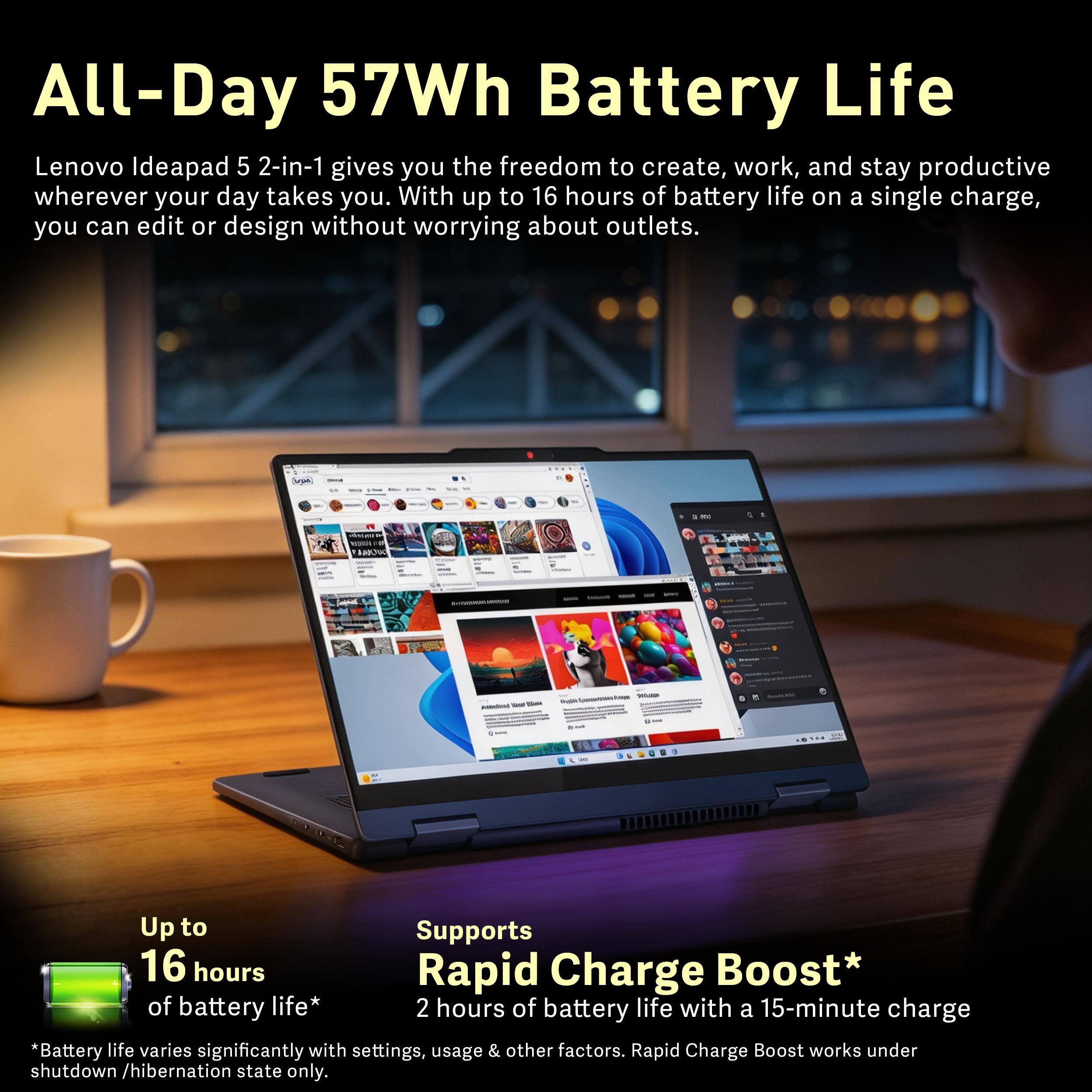 All-Day 57Wh Battery Life

Lenovo Ideapad 5 2-in-1 gives you the freedom to create, work, and stay productive wherever your day takes you. With up to 16 hours of battery life on a single charge, you can edit or design without worrying about outlets.

Up to 16 hours of battery life*

Supports Rapid Charge Boost* 2 hours of battery life with a 15-minute charge

*Battery life varies significantly with settings, usage & other factors. Rapid Charge Boost works under shutdown /hibernation state only.
