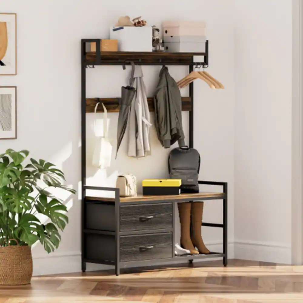 Alt View 4. LUCKY ONE - 33.1" W 5-in-1 Hall Tree w/ 23 Hooks Shoe Storage Bench 2 Drawers Garment Rack - Rustic Brown.