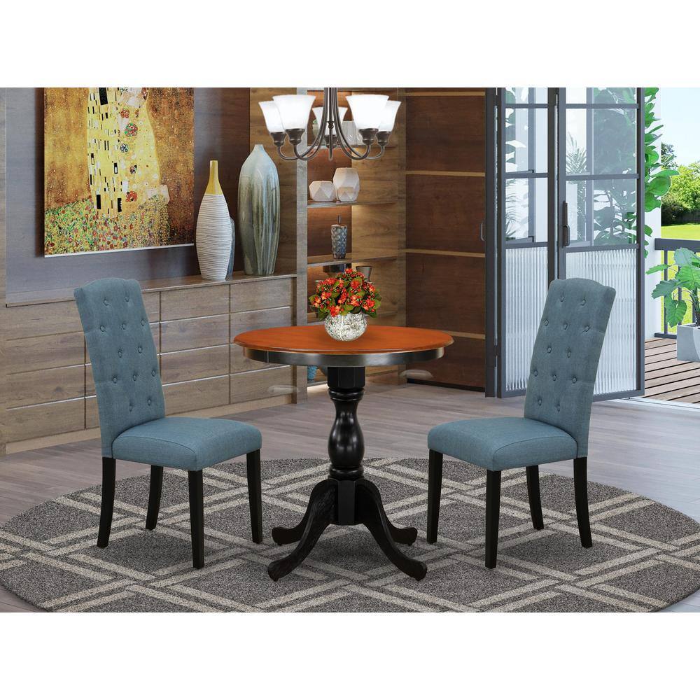 Angle. East West Furniture - East West Furniture 3-Piece Dining Room Table Set Consist of Dining Table and 2 Blue Linen Fabric Upholstered Chairs - Multi-Color.