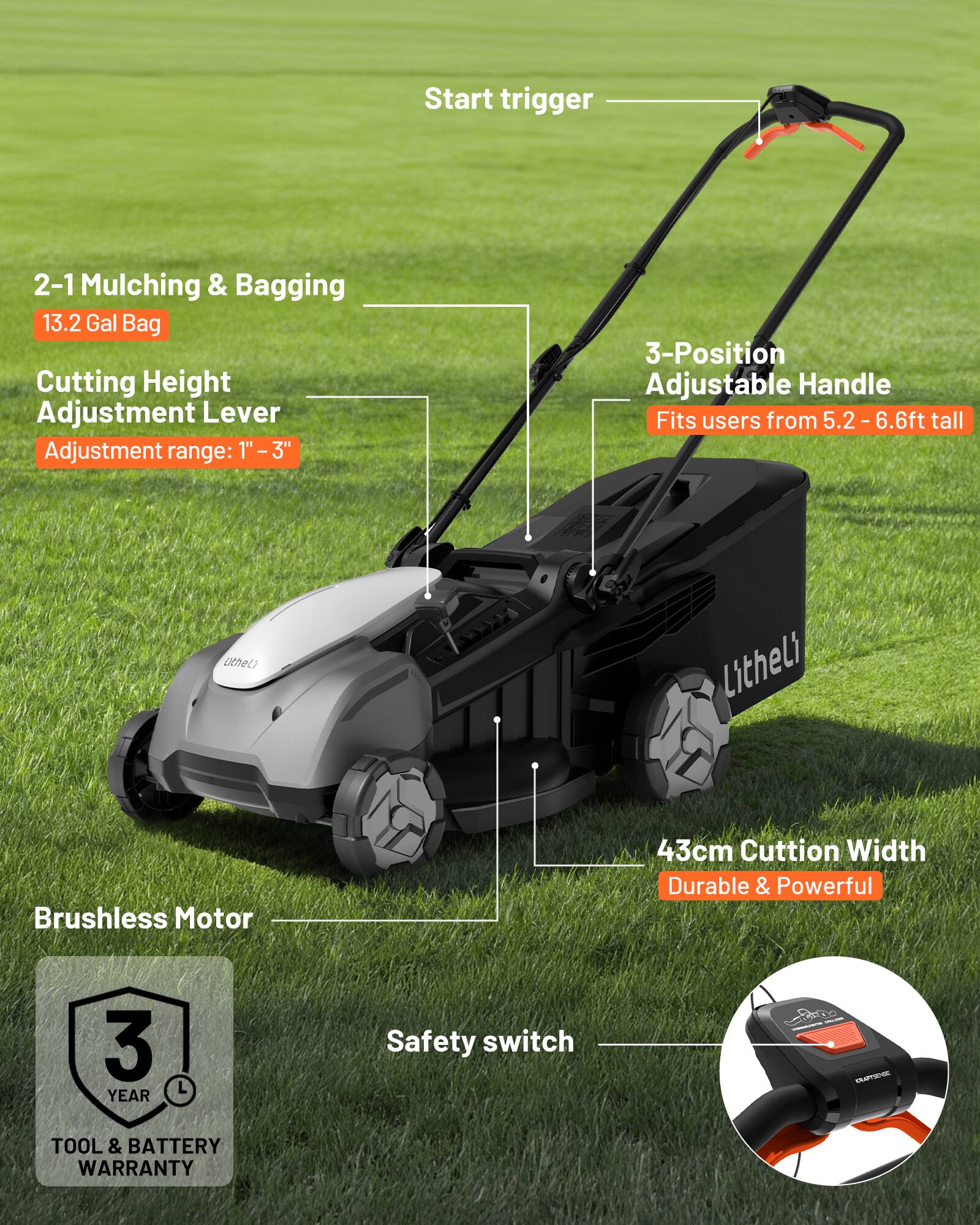 Start trigger

2-1 Mulching & Bagging  
13.2 Gal Bag

Cutting Height Adjustment Lever  
Adjustment range: 1" - 3"

3-Position Adjustable Handle  
Fits users from 5.2 - 6.6ft tall

Brushless Motor

43cm Cutting Width  
Durable & Powerful

Safety switch

3 YEAR TOOL & BATTERY WARRANTY
