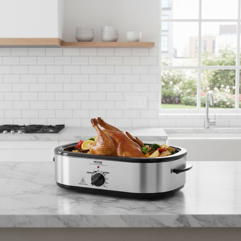 Left. Forest'nSky - 22 Qt Electric Roaster Oven with Self-Basting Lid, 1450W, Fits 26 lb Turkey, Adjustable Temp for Baking, Silver - Silver.