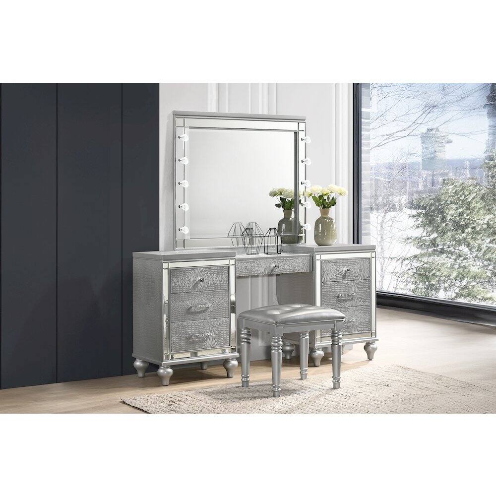 Back. New Classic Furniture - Valentino Vanity Table Stool-Silver - Grey.