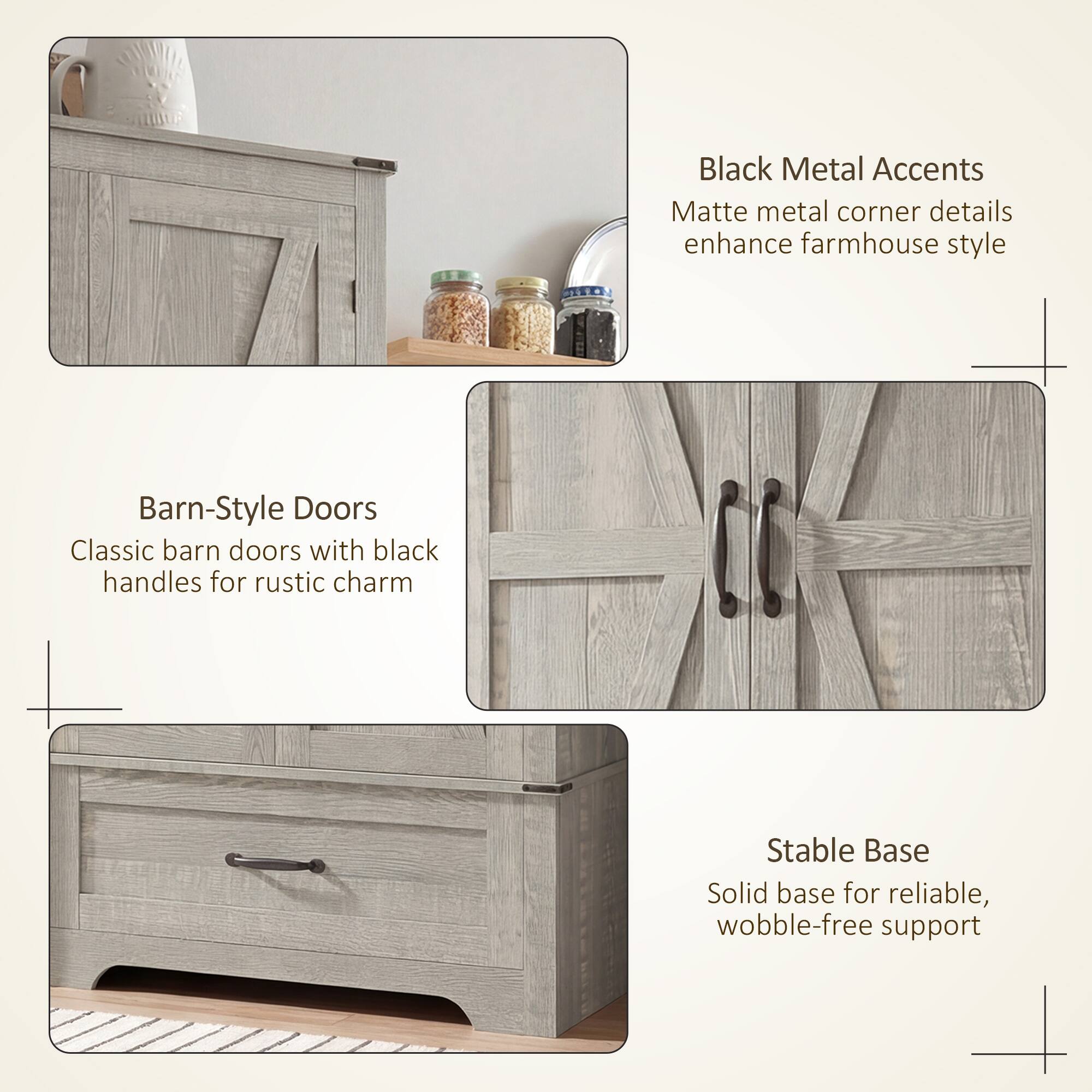 Black Metal Accents  
Matte metal corner details enhance farmhouse style

Barn-Style Doors  
Classic barn doors with black handles for rustic charm

Stable Base  
Solid base for reliable, wobble-free support