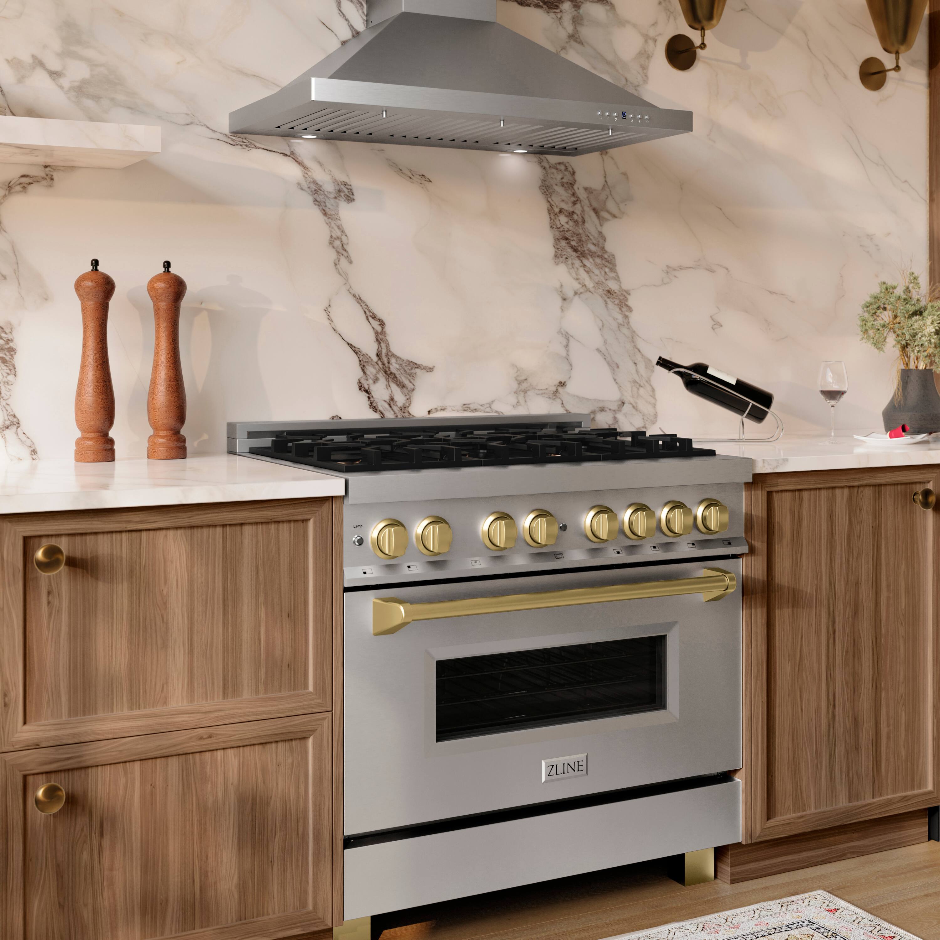 Alt View 3. ZLINE - Autograph 36 in. 4.6 cu. ft. Legacy Freestanding Dual Fuel Range with  6 Burners & Convection Oven w/ Bronze Accents - Stainless Steel/Champagne Bronze Accents.