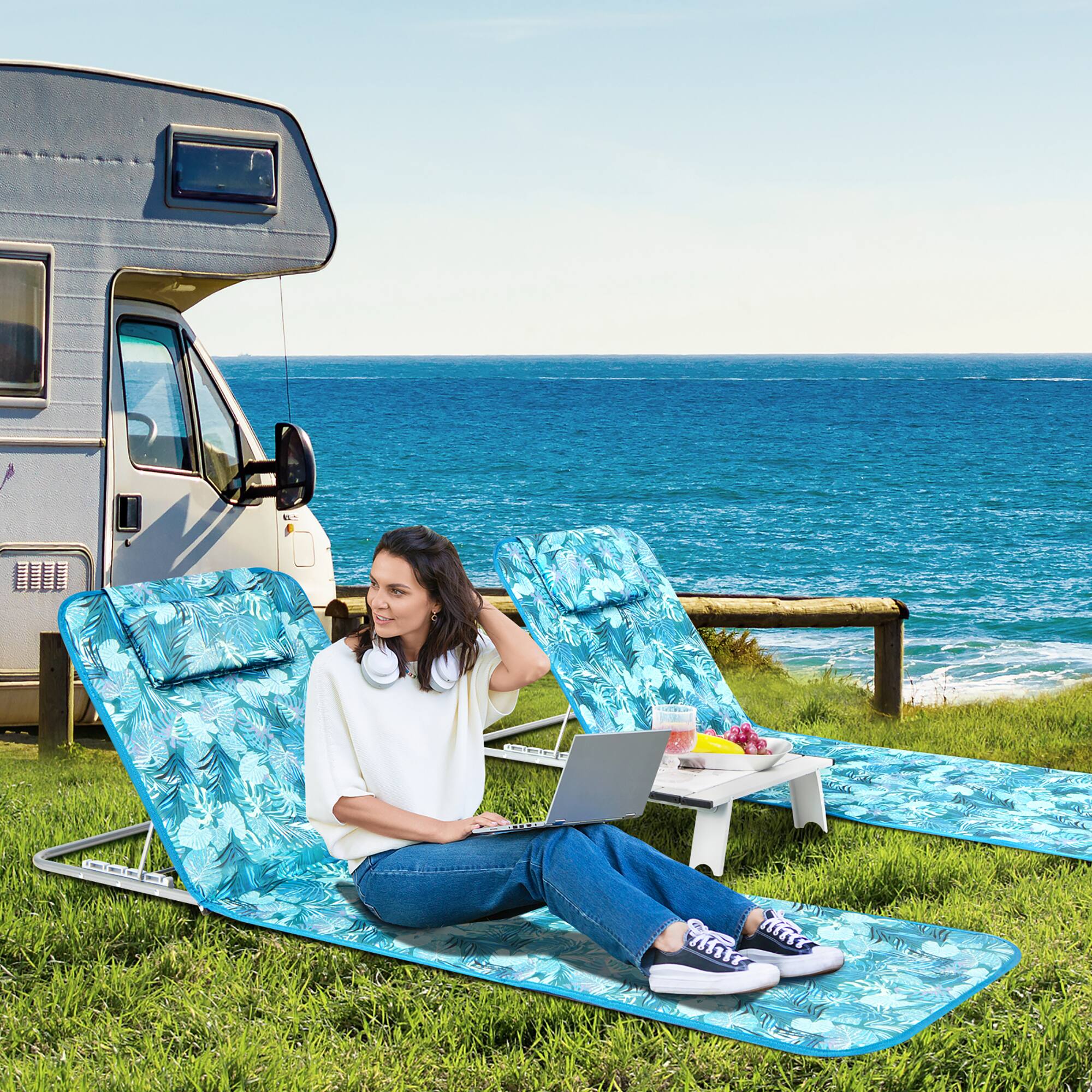 Alt View 4. Costway - Costway 3-Piece Beach Lounge Chair Mat Set 2 Adjustable Lounge Chairs with Table - Green.