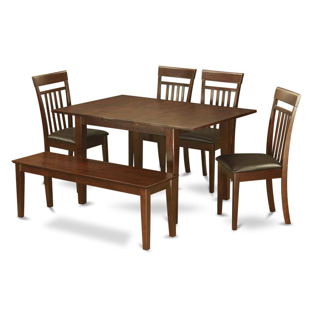 East West Furniture - 6-Pc Dining room set with bench -small Table with 4 Dining Chairs and Bench - Mahogany