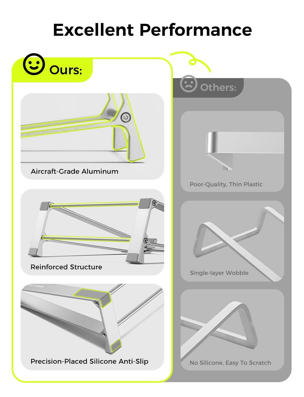 Excellent Performance

Ours:
- Aircraft-Grade Aluminum
- Reinforced Structure
- Precision-Placed Silicone Anti-Slip

Others:
- Poor-Quality, Thin Plastic
- Single-layer Wobble
- No Silicone, Easy To Scratch