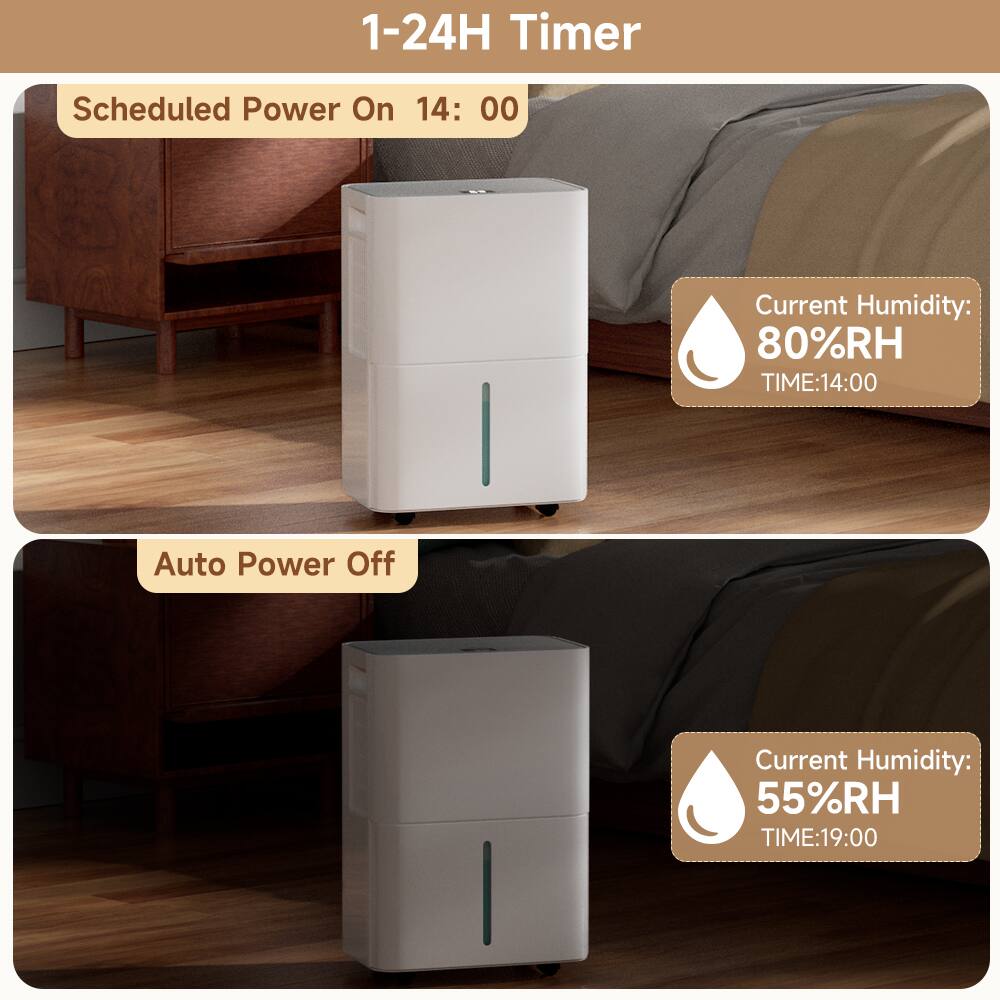 1-24H Timer

Scheduled Power On 14:00  
Current Humidity: 80%RH  
TIME: 14:00

Auto Power Off  
Current Humidity: 55%RH  
TIME: 19:00