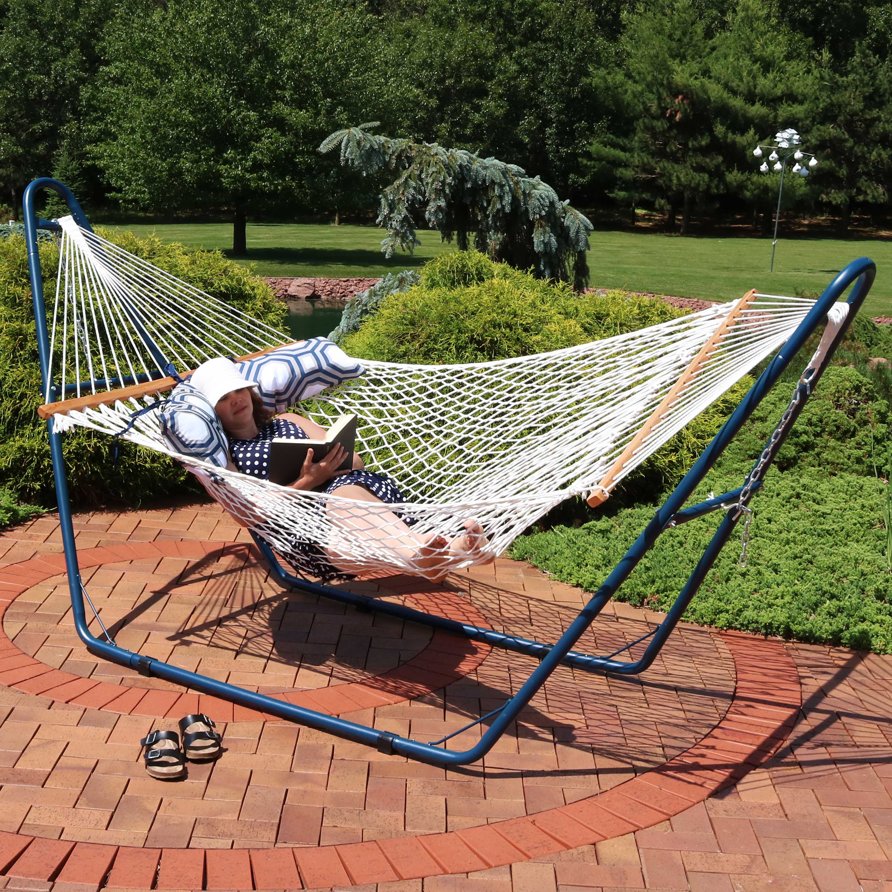 Alt View 4. Sunnydaze - 2-Person Rope Hammock with Blue Steel Stand and Pillow - White.