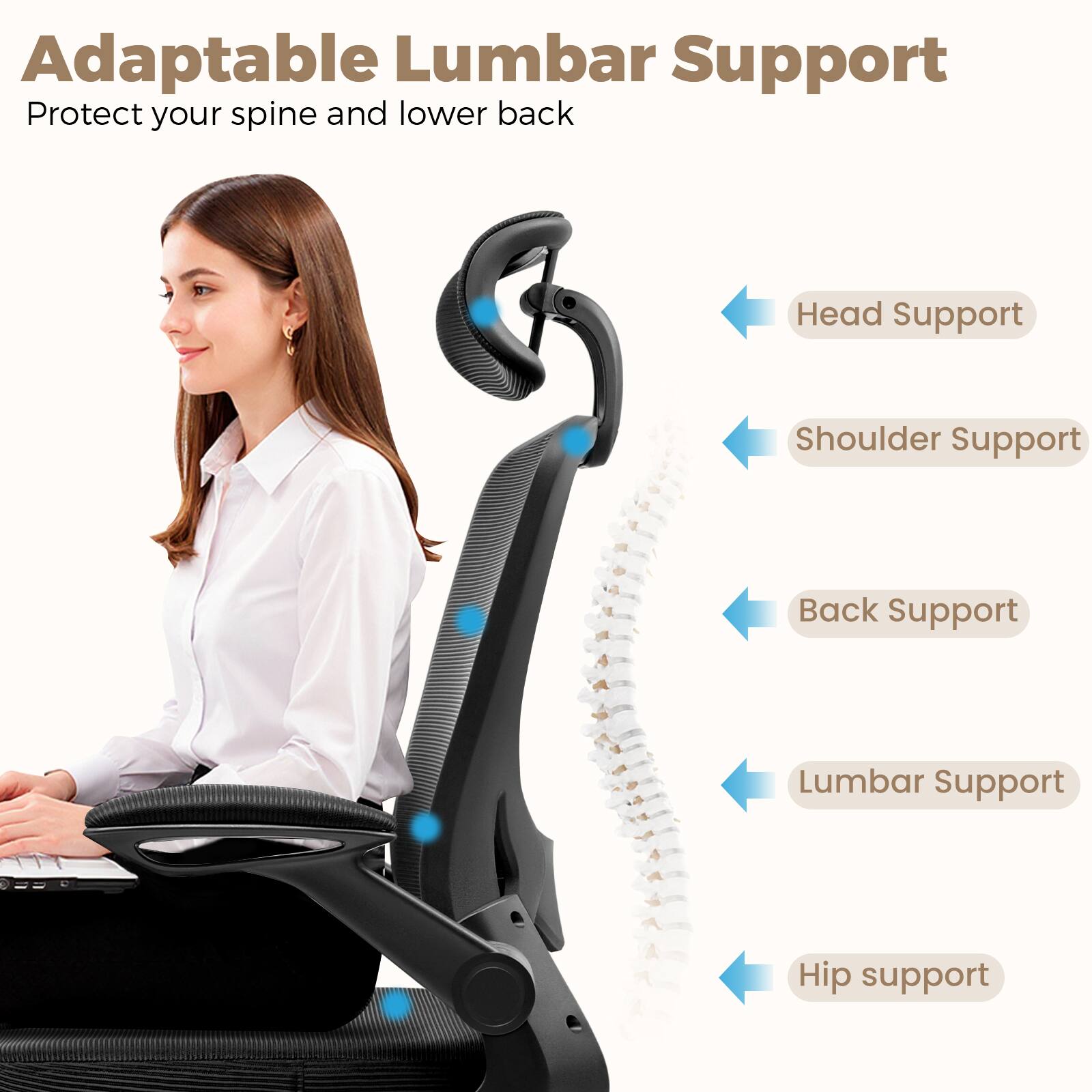 Adaptable Lumbar Support  
Protect your spine and lower back  

- Head Support  
- Shoulder Support  
- Back Support  
- Lumbar Support  
- Hip support