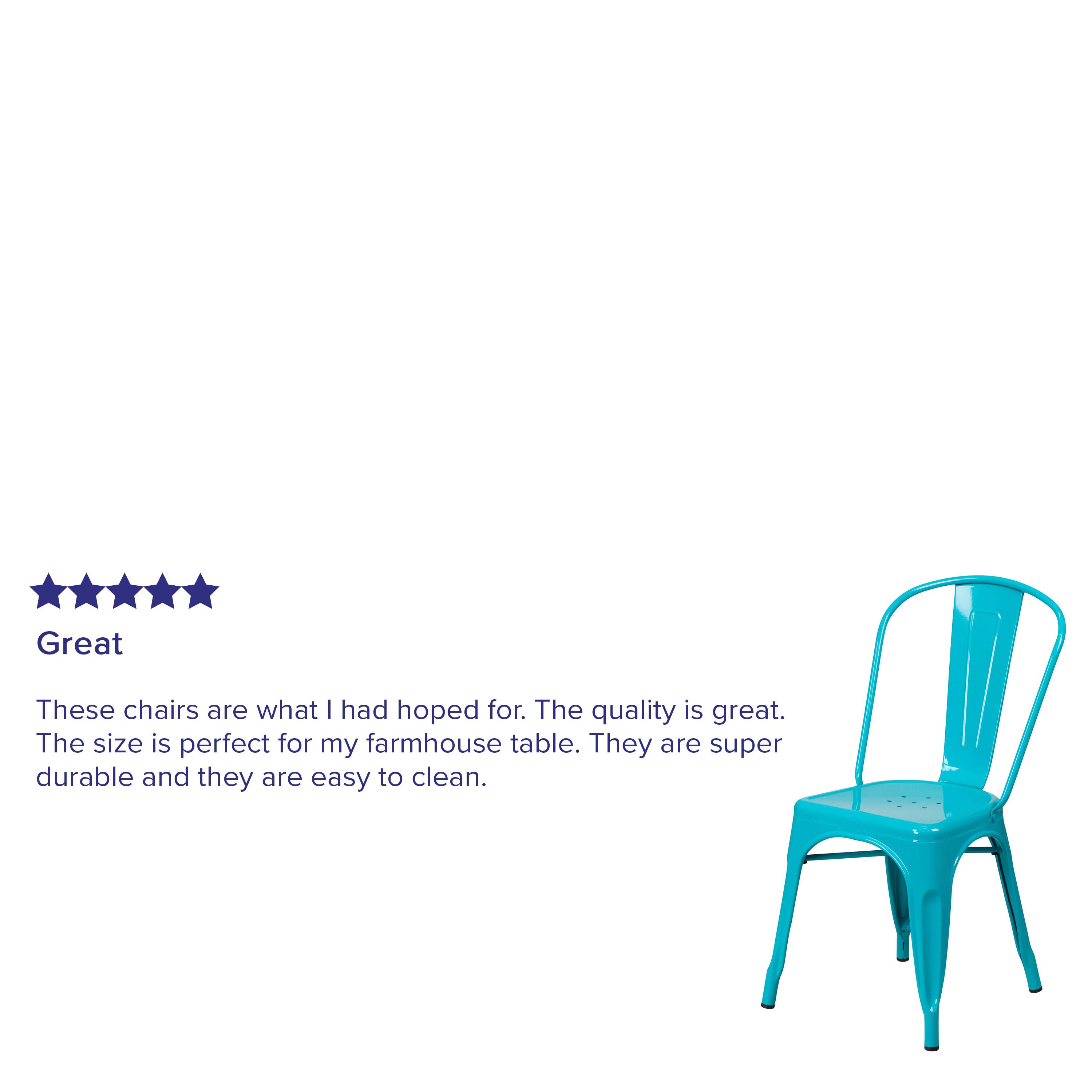 Great

These chairs are what I had hoped for. The quality is great. The size is perfect for my farmhouse table. They are super durable and they are easy to clean.