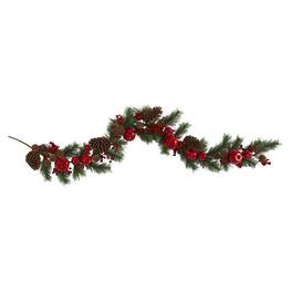 BreeBe - 6’ Apple, Berry and Pine Cone Artificial Garland - Red, Green