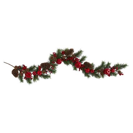 Front. BreeBe - 6’ Apple, Berry and Pine Cone Artificial Garland - Red, Green.