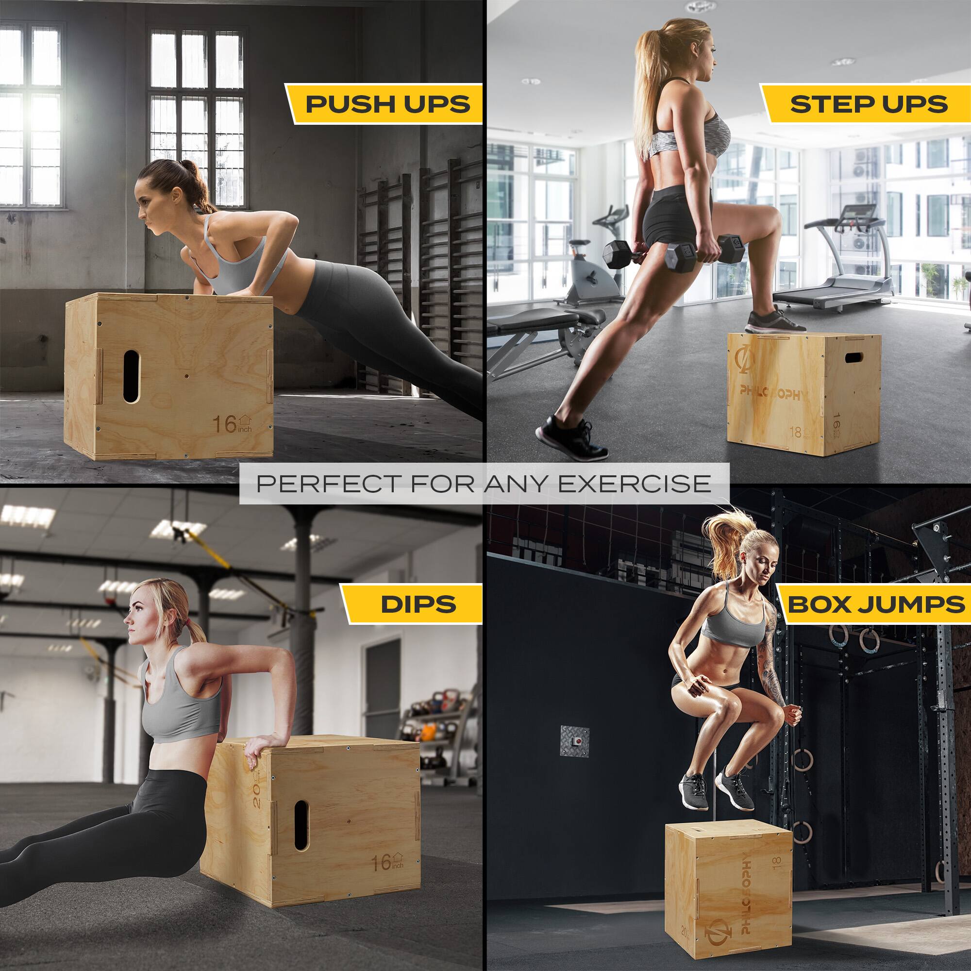 PUSH UPS  
STEP UPS  
DIPS  
BOX JUMPS  

PERFECT FOR ANY EXERCISE  

16"  
PHLC  
PH 18  
20"  
HCO  
PHILC  
18"