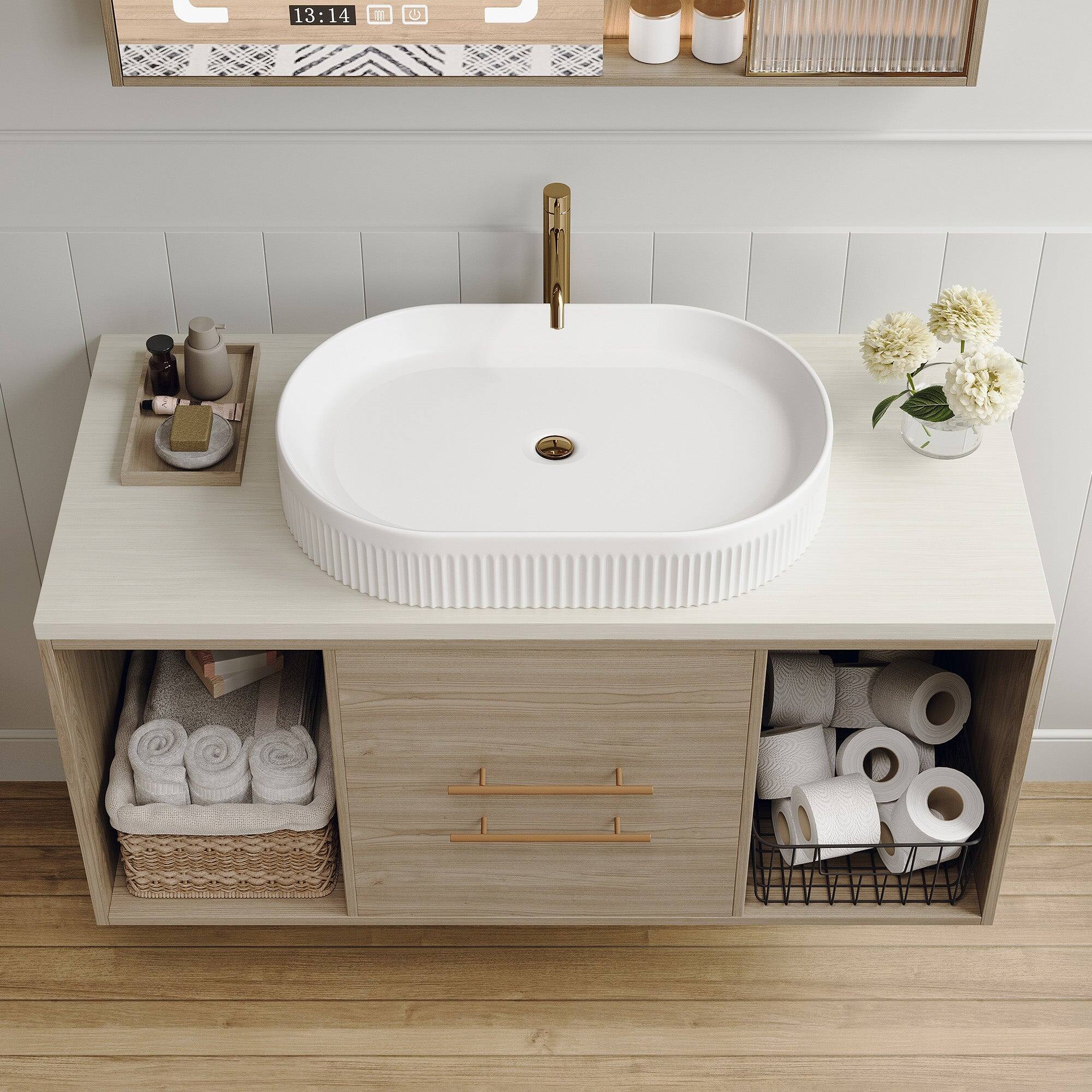 Alt View 2. Boyel Living - 22.8In Vessel Bathroom Vanity White Ceramic Vertical Striped Anti Splash With Pop Up Drain - White.