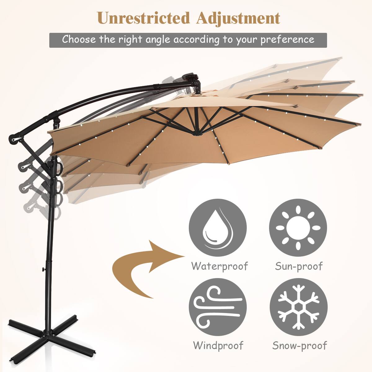 Unrestricted Adjustment  
Choose the right angle according to your preference  

Waterproof  
Sun-proof  
Windproof  
Snow-proof