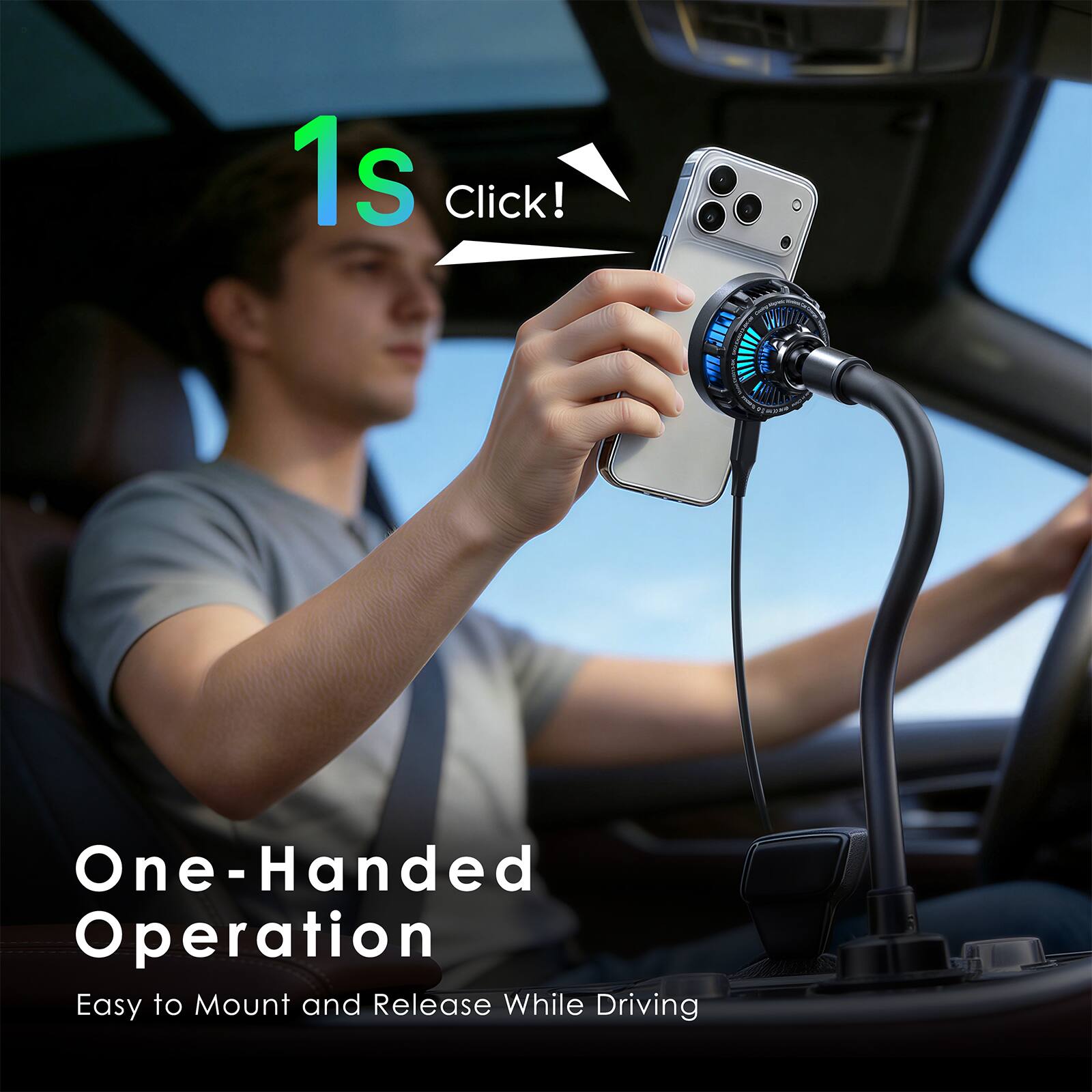 1s Click!  
One-Handed Operation  
Easy to Mount and Release While Driving