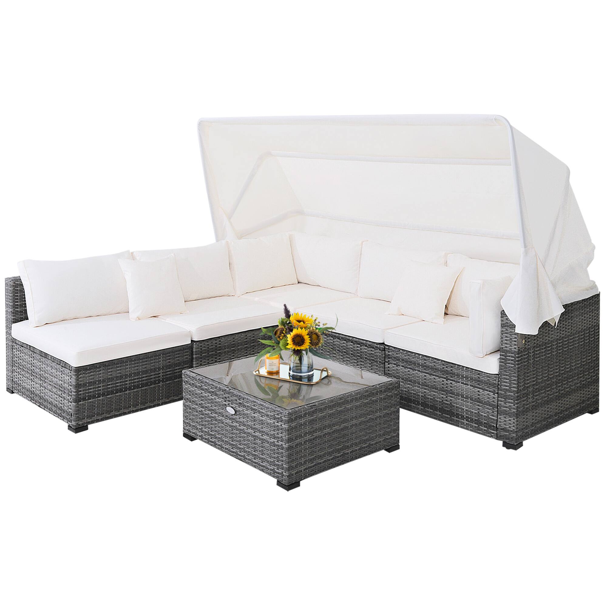 Alt View 1. Gymax - Gymax 6 PCS PE Rattan Patio Furniture Set w/ Tempered Glass Table and Retractable Canopy - Mix Grey.