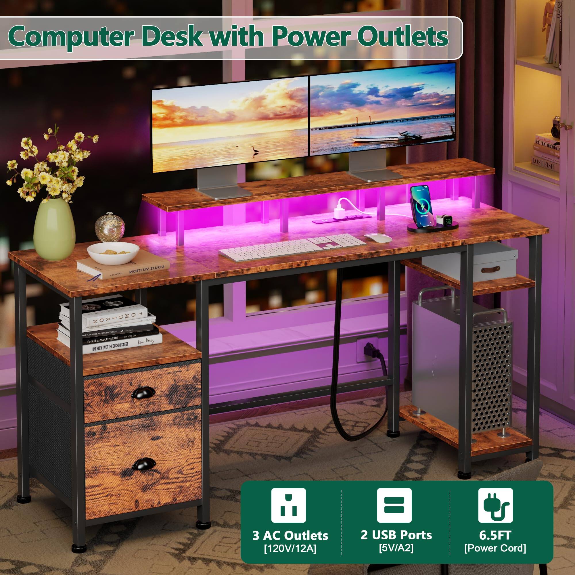 Computer Desk with Power Outlets

- 3 AC Outlets [120V/12A]
- 2 USB Ports [5V/A2]
- 6.5FT [Power Cord]