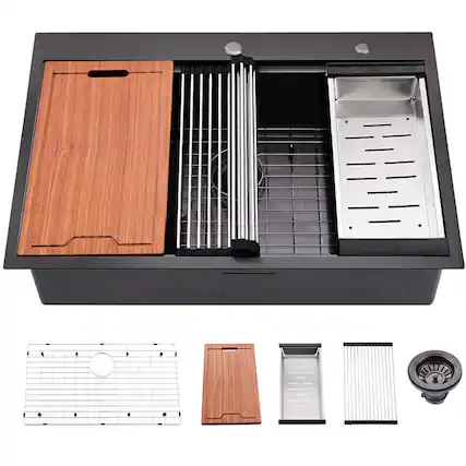 Front. Siljoy - Workstation 33-inch Drop-In Kitchen Sink R10 Radius Stainless Steel Kitchen Sink Single Bowl -33"x22"x10" - Matte Black.