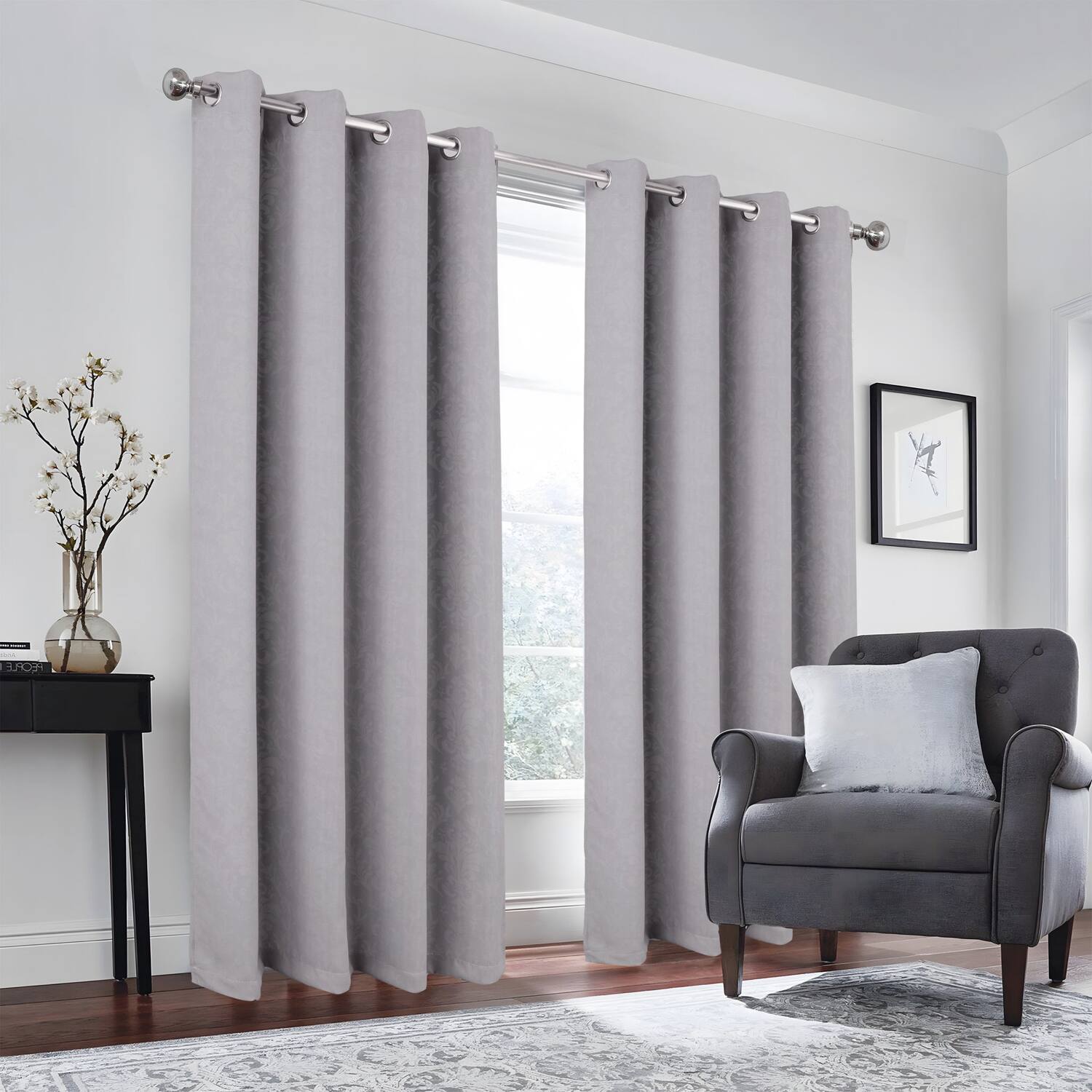 Left. Olivia Gray - Olivia Gray 100% Polyester 190 GSM Cressida Reversible Blackout Grommet Curtain Panel 54" x 84" Grey - Grey.
