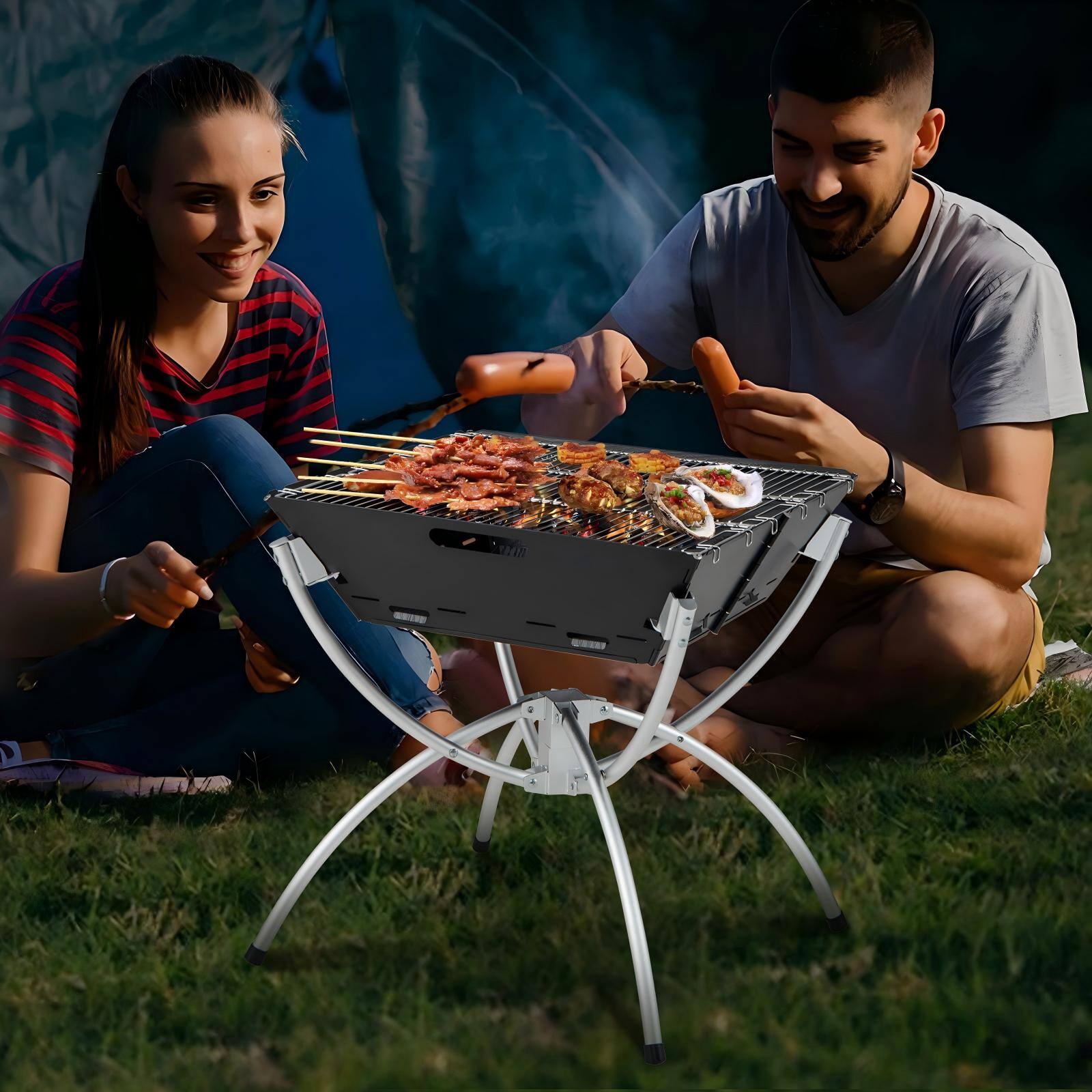 Alt View 1. Ecooso - 3-in-1 Camping Charcoal Grill Set with Carrying Bag and Gloves, Portable Outdoor BBQ Grill for Travel - Black.