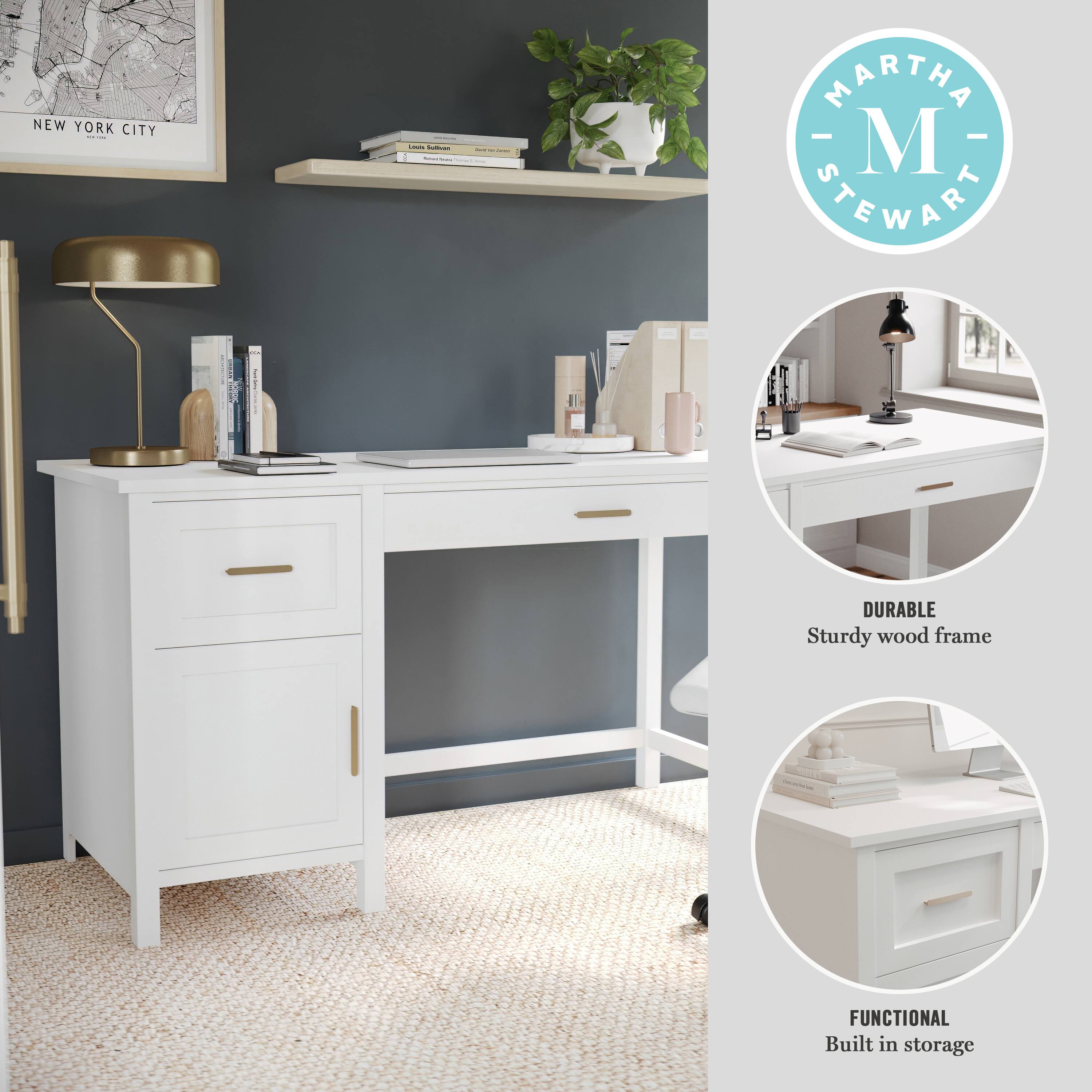 The text on the image reads: "Martha Stewart" and "Durable Sturdy wood frame, Functional Built in storage".