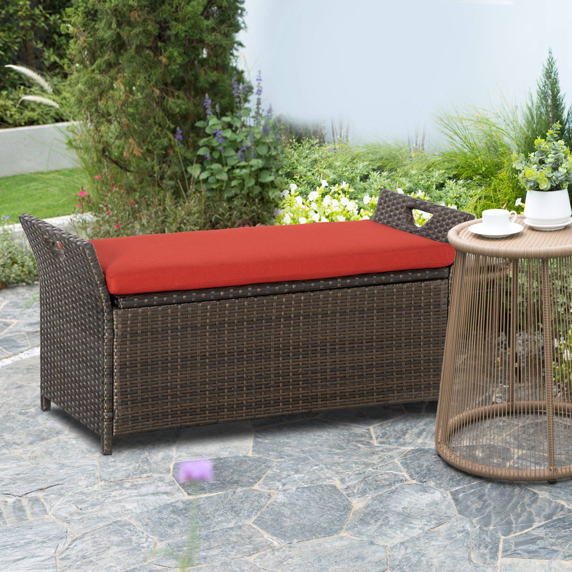 Outsunny Gallon Patio Wicker Storage Bench, Outdoor PE Rattan Furniture ...