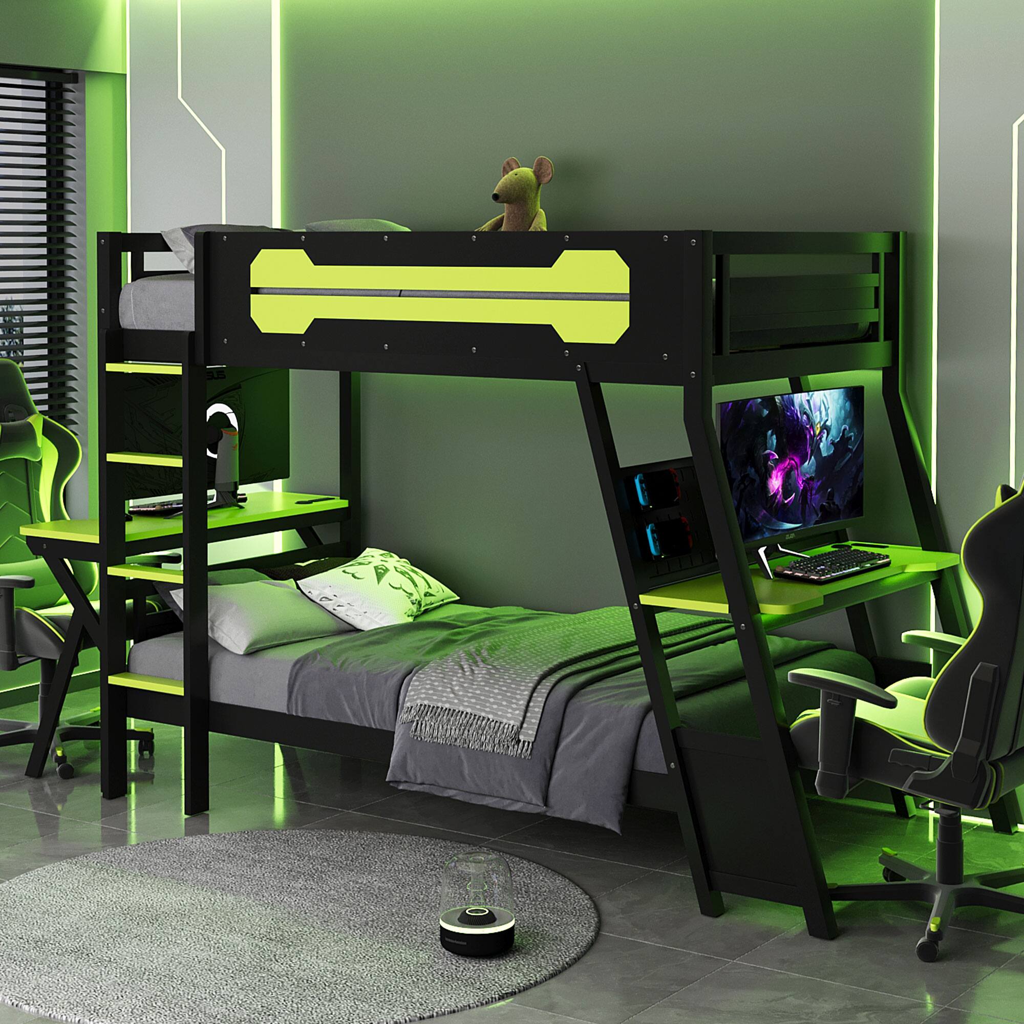 Angle. Anysun - Twin Size Bunk Bed with Two Built-In Gaming Desks, USB Desktop Ports & Pegboard Organizer, Gaming Bunk Frame for Gamer - Green.