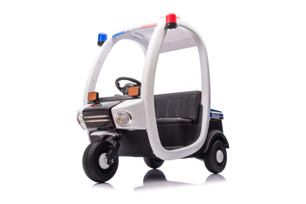 BreeBe - 12V Kids Electric 3-Wheel Police Box Car, 2-Seater ride on with Remote Control, Lights, Music, Bluetooth, Walkie Talkie - White