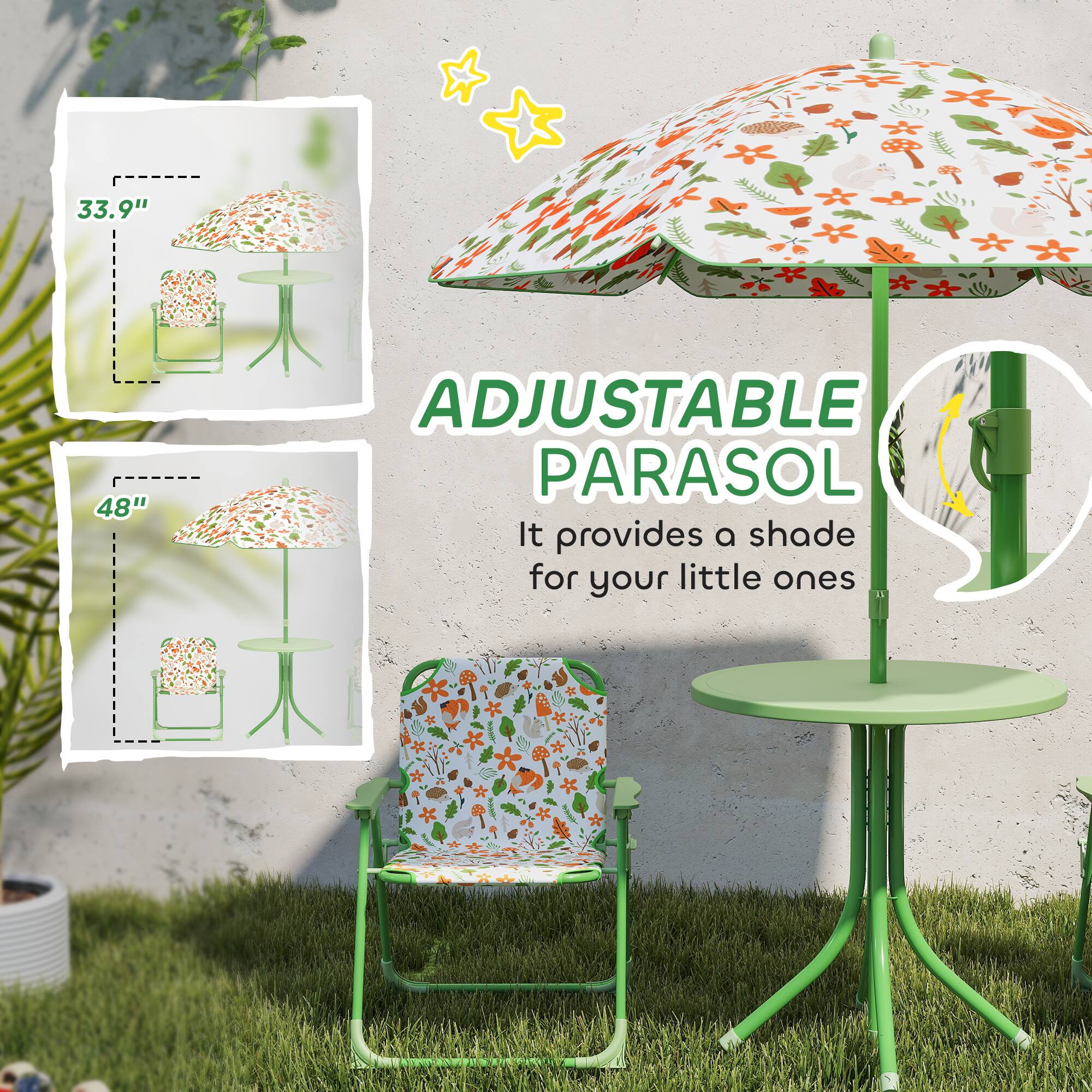 ADJUSTABLE PARASOL  
It provides a shade for your little ones  

33.9"  
48"