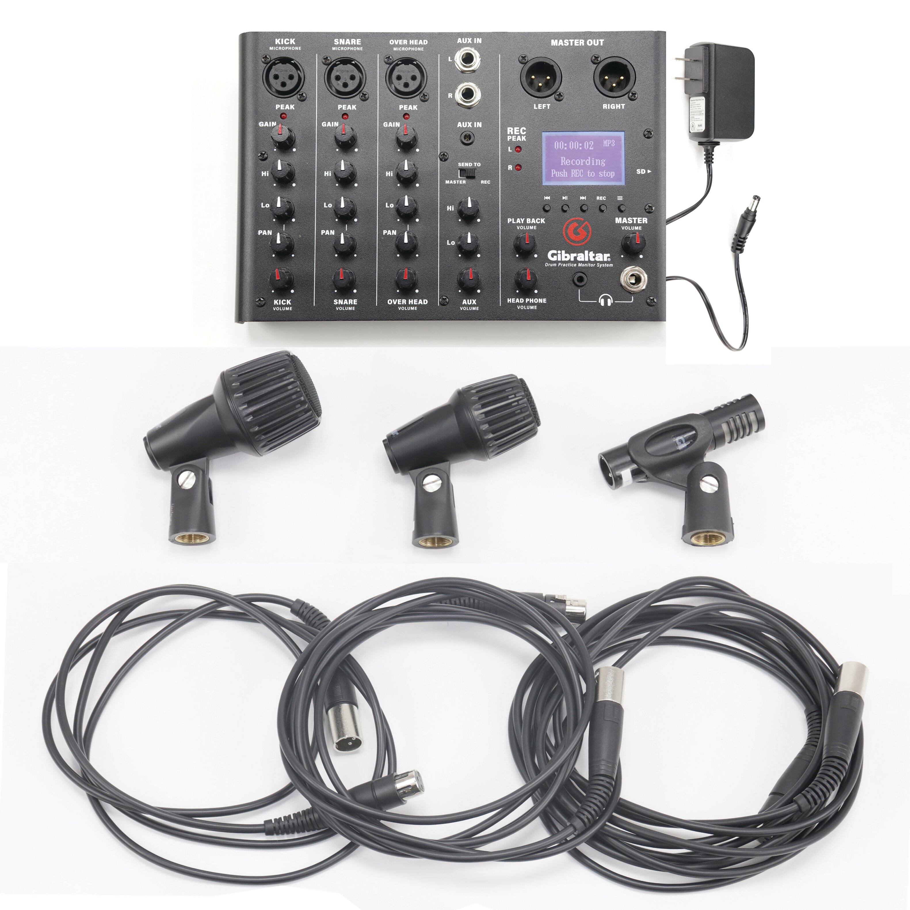 KICK | SNARE | OVER HEAD  
PEAK | GAIN | HI | LO | PAN  
MASTER OUT  
AUX IN  
REC  
PLAY BACK  
MASTER  
Gibraltar  
HEAD PHONE  
AUX OUT  
LEFT | RIGHT  
L | R  
00:00:02  
Push REC to start  
Recording  
STOP  
SD  
KICK | SNARE | OVER HEAD  
AUX IN  
MASTER OUT  
L | R