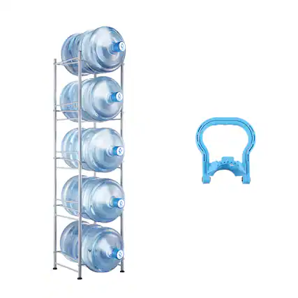 Front. VEVOR - 5 Tiers Water Jug Holder, 5 Gallon Water Bottle Holder, Single Row Water Bottle Rack for 5 Bottles - Silver.