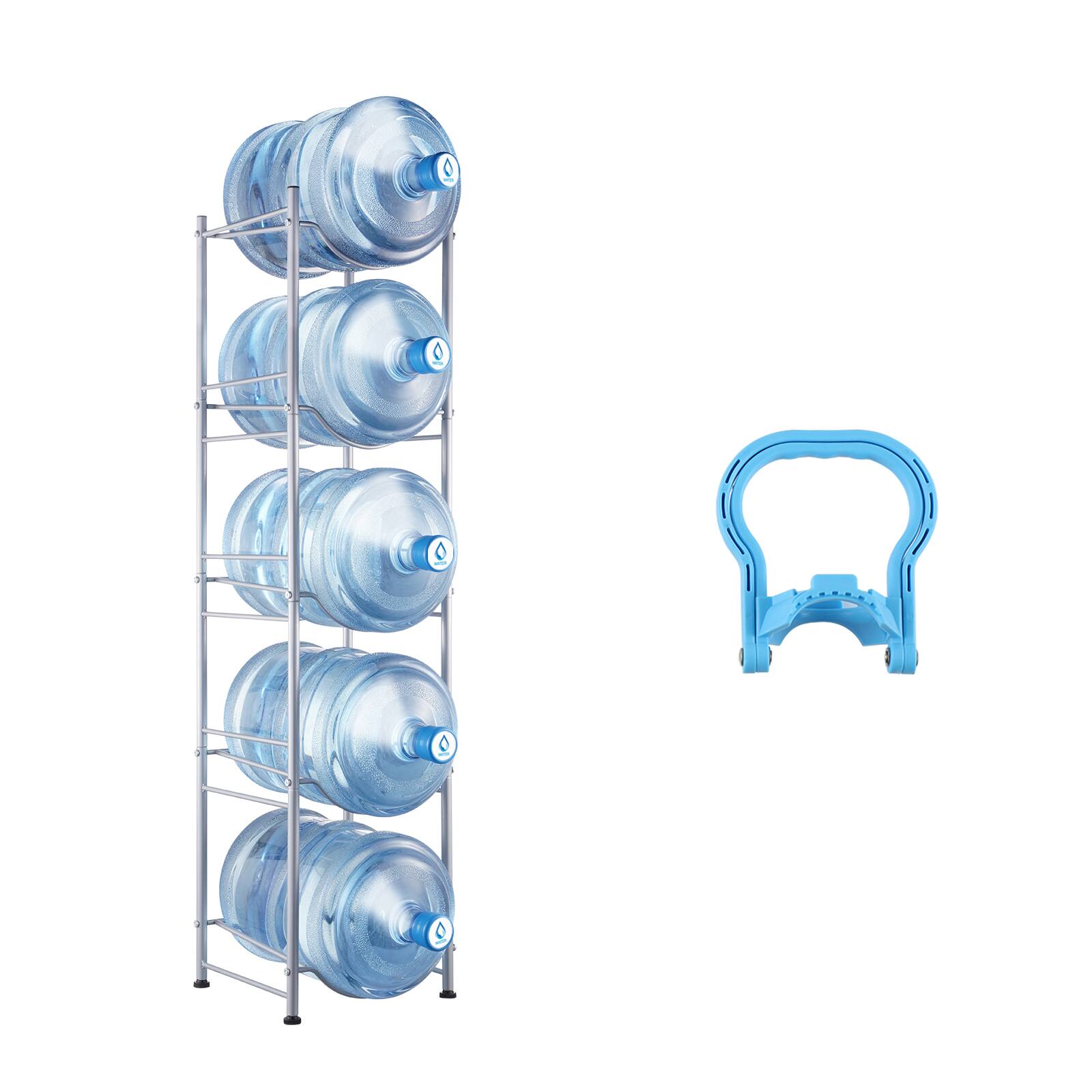 Front. VEVOR - 5 Tiers Water Jug Holder, 5 Gallon Water Bottle Holder, Single Row Water Bottle Rack for 5 Bottles - Silver.