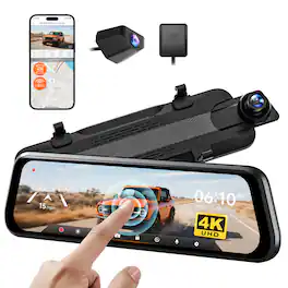 WOLFBOX - 10'' 4K+1080P Rear View Mirror Camera, 5.8GHz WiFi, Reverse Assist, WDR, Touch Screen, GPS, G-sensor - Black