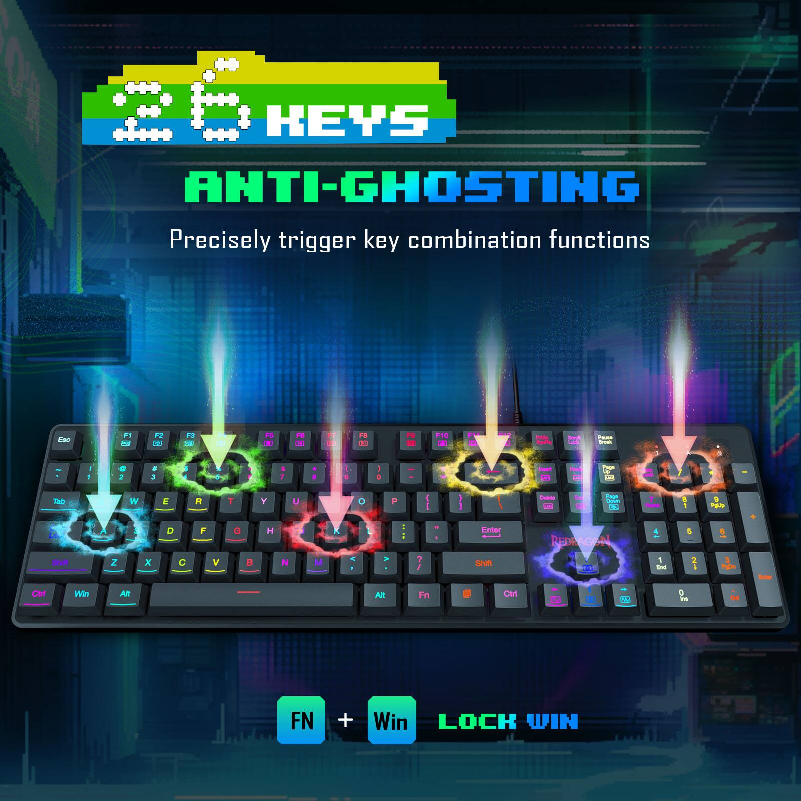 The text on the image reads: "28 Keys Anti-Ghosting Precisely trigger key combination functions. Each F1, F2, N, A, S, D, W, E, T, Y, U, I, O, P, J, K, L, V, B, M, Ctrl, Alt, Fn, Ctrl + Win, Fn + Win, Lock Win."