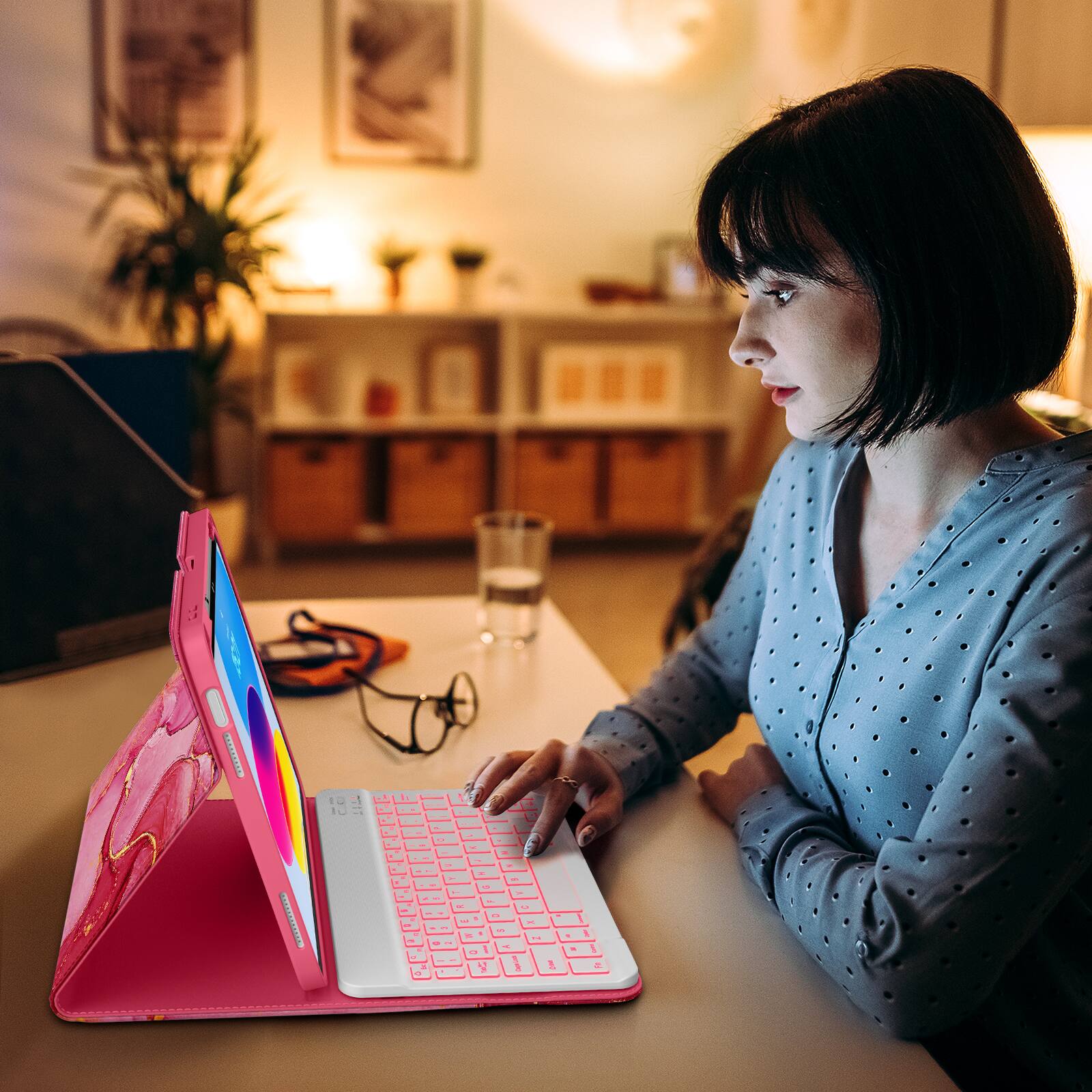 Alt View 2. DTTO - Detachable Backlit Keyboard Case for iPad 11th/10th Gen (2025/2022) - Leather Cover w/ Pencil Holder & Pocket - Red Marble.