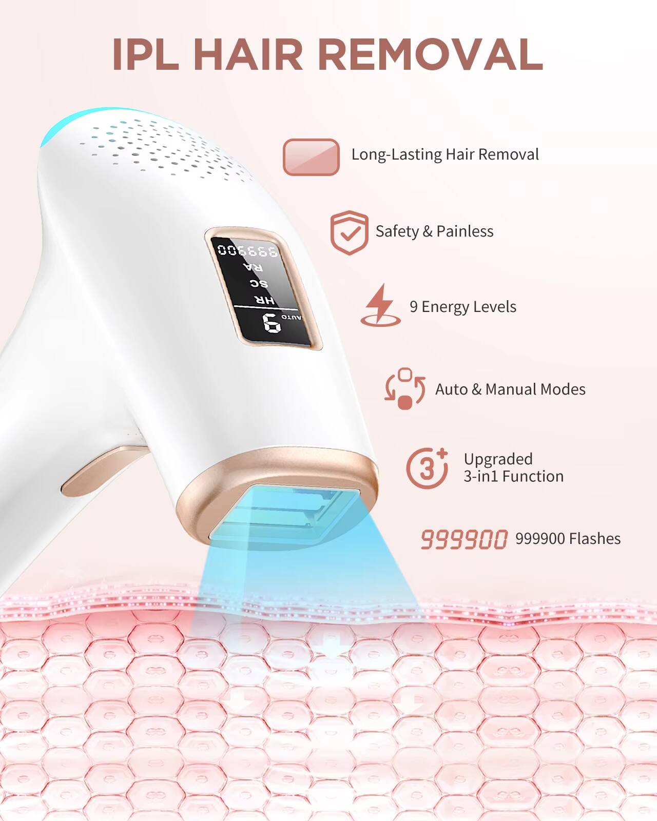IPL HAIR REMOVAL

- Long-Lasting Hair Removal
- Safety & Painless
- 9 Energy Levels
- Auto & Manual Modes
- Upgraded 3-in-1 Function
- 999900 Flashes