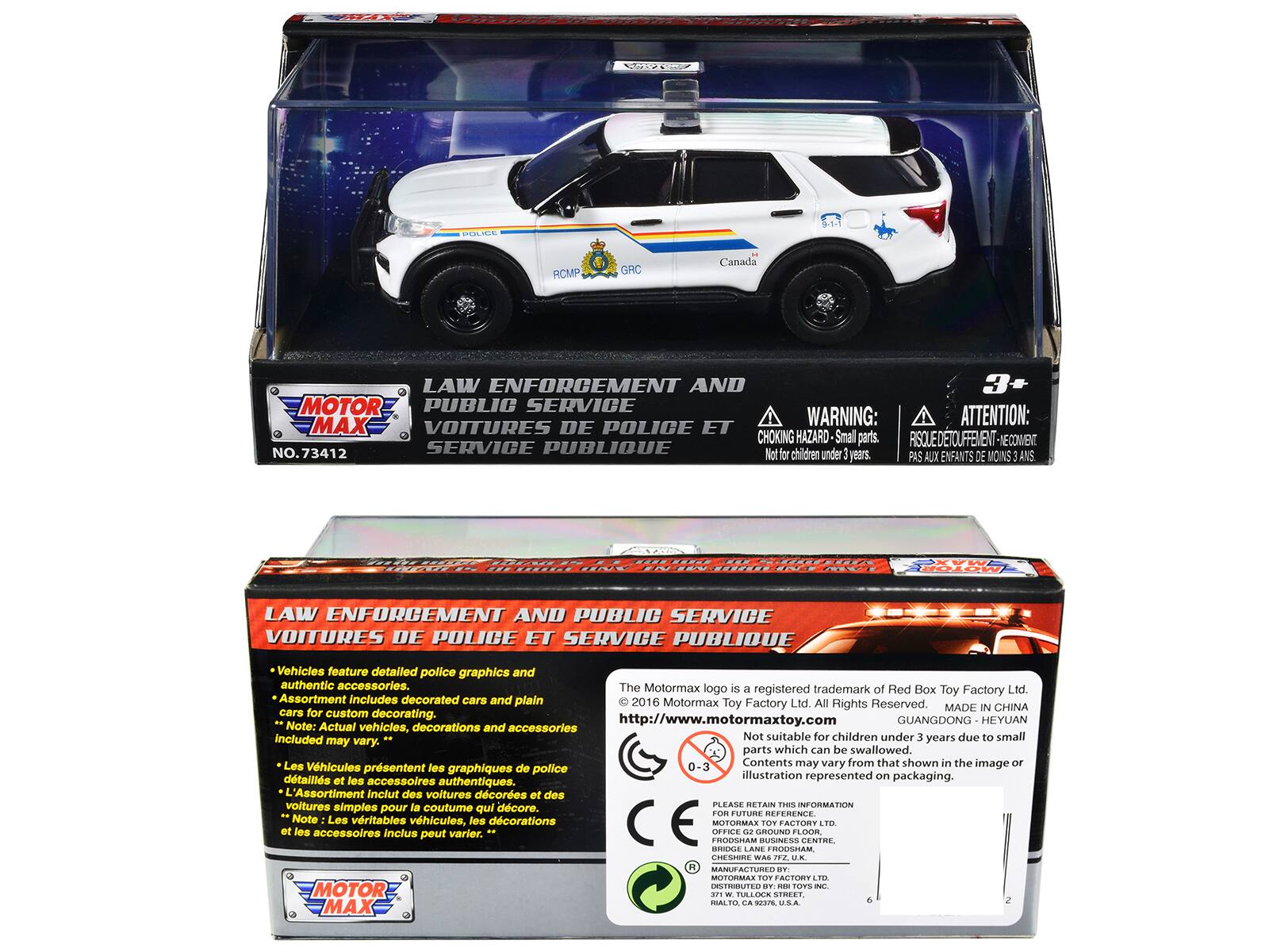 **Front of the Box:**

- **Top Left Corner:**
  - MOTOR MAX
  - NO. 73412

- **Main Text:**
  - LAW ENFORCEMENT AND PUBLIC SERVICE
  - VOTURES DE POLICE ET SERVICE PUBLIC

- **Warning:**
  - WARNING: CHOKING HAZARD - Small parts. Not for children under 3 years.
  - ATTENTION: RISQUE DE TOUFFEMENT - NE RECOMMANDE PAS AUX ENFANTS DE MOINS 3 ANS.

- **Additional Text:**
  - Vehicles feature detailed police graphics and authentic accessories.
  - The Motormax logo is a registered trademark of Red Box Toy Factory Ltd.
  - © 2016 Motormax Toy Factory Ltd. All Rights Reserved.
  - MADE IN CHINA
  - GUANGDONG - HEYUAN

- **Website:**
  - http://www.motormaxtoy.com

- **Note:**
  - Actual vehicles, decorations and accessories included may vary.

**Back of the Box:**

- **Top Left Corner:**
  - MOTOR MAX

- **Main Text:**
  - LAW ENFORCEMENT AND PUBLIC