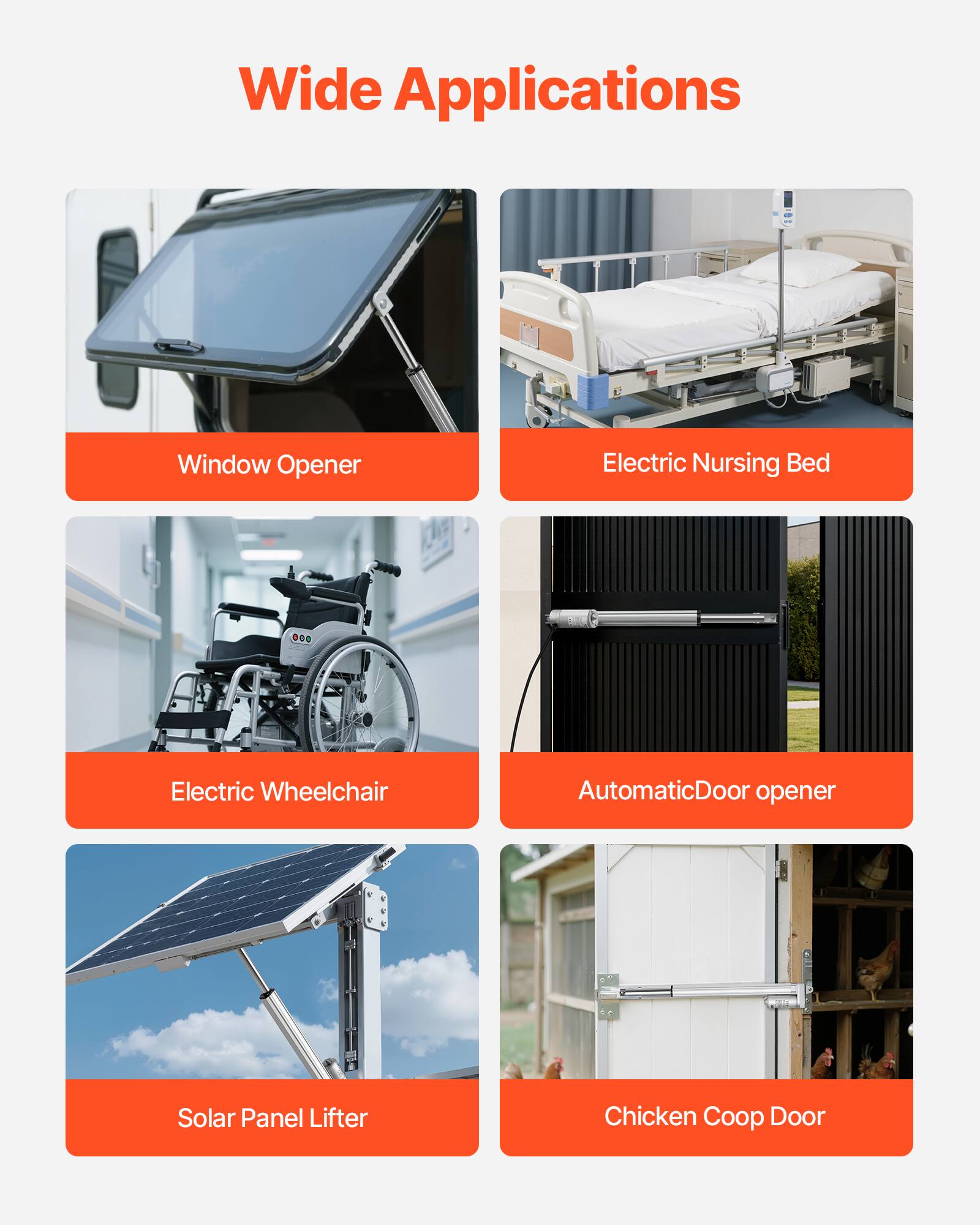 Wide Applications

- Window Opener
- Electric Nursing Bed
- Electric Wheelchair
- Automatic Door Opener
- Solar Panel Lifter
- Chicken Coop Door