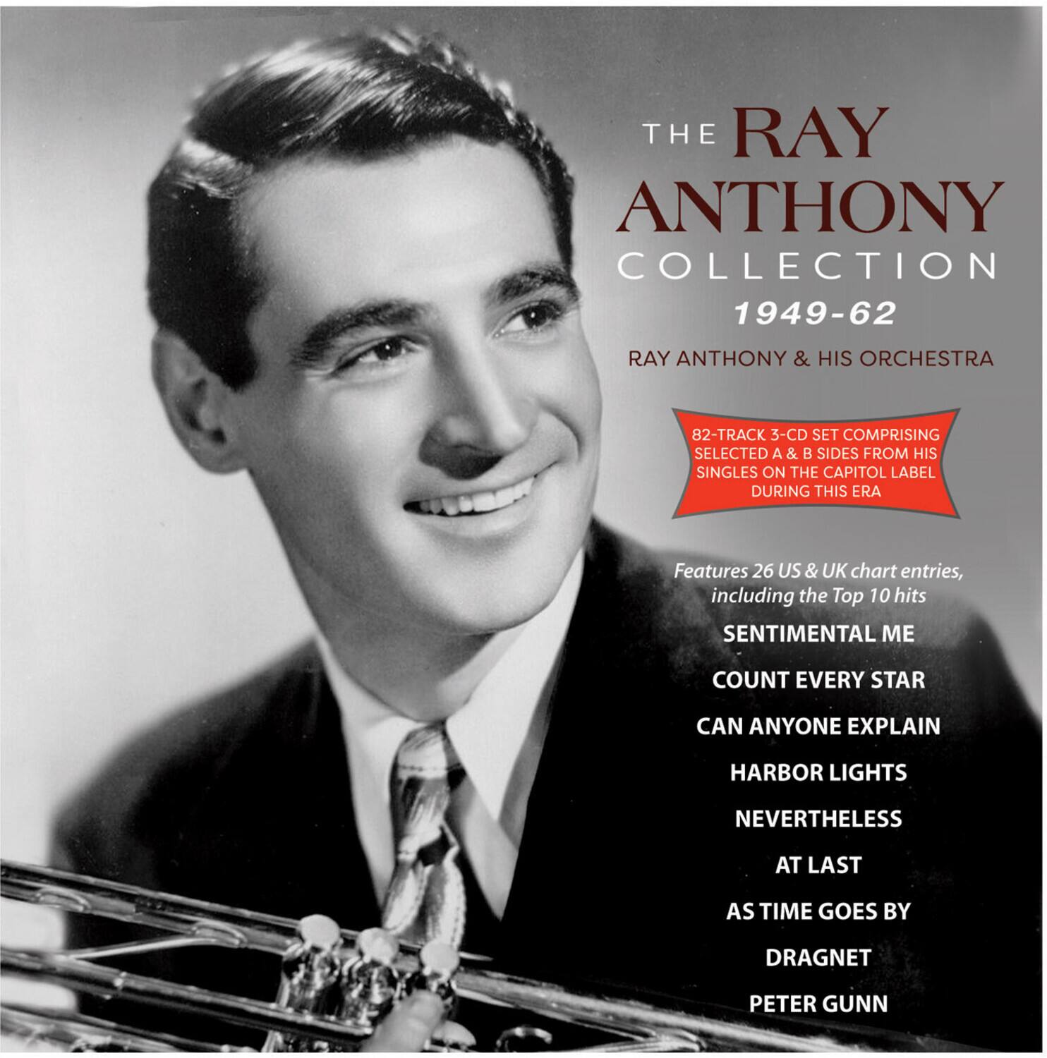 The Ray Anthony Collection  
1949-62  
Ray Anthony & His Orchestra  

82-Track 3-CD Set Comprising Selected A & B Sides from His Singles on the Capitol Label During This Era  

Features 26 US & UK chart entries, including the Top 10 hits:  
Sentimental Me  
Count Every Star  
Can Anyone Explain  
Harbor Lights  
Nevertheless  
At Last  
As Time Goes By  
Dragnet  
Peter Gunn