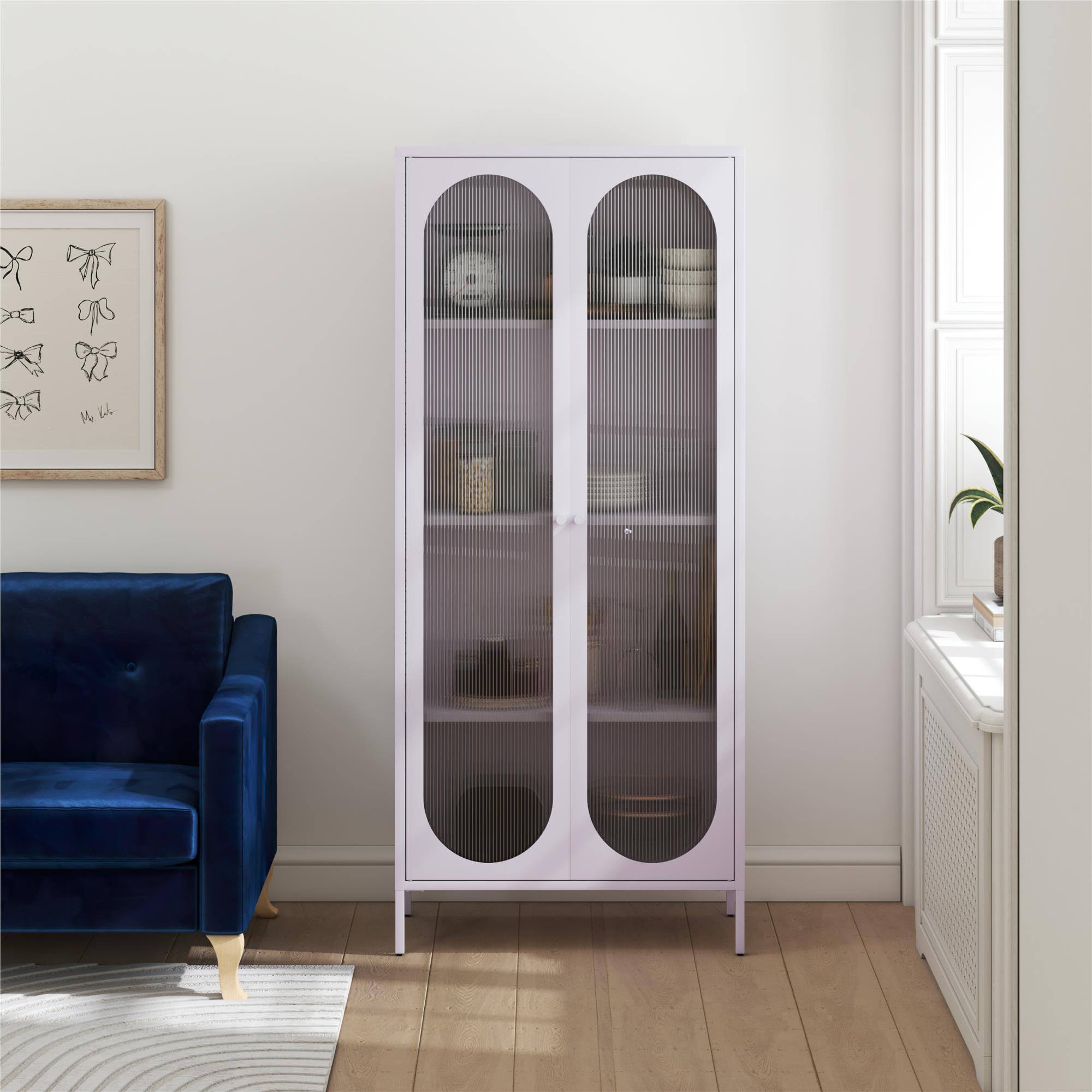Angle. Aukfa - Tall 2-Door Accent Cabinet - Fluted Glass Doors, 4 Shelves (3 Adjustable), 31.5"W x 72.8"H, Metal Frame - Purple.