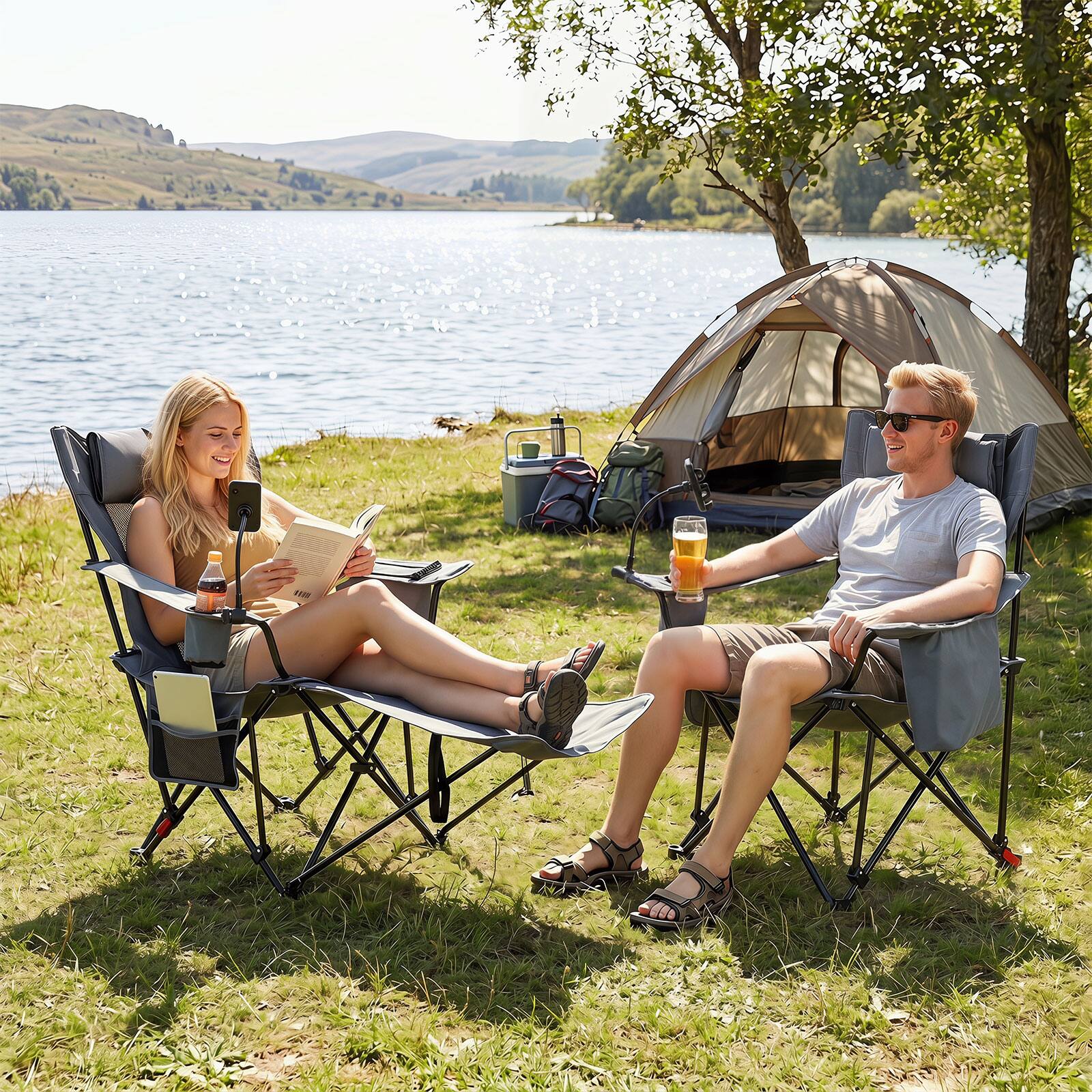 Alt View 6. Gymax - Gymax 2-in-1 Reclining Camping Chair w/Detachable Footrest 3-Level Adjustable Backrest Gray & Black - Gray.