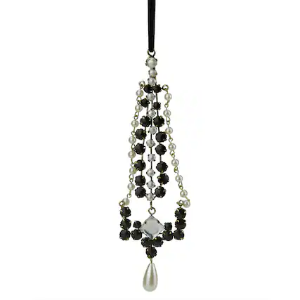 Front. CC Christmas Decor - 7" Black and White Artificial Pearl Dangle Christmas Pendant Ornament - Black.