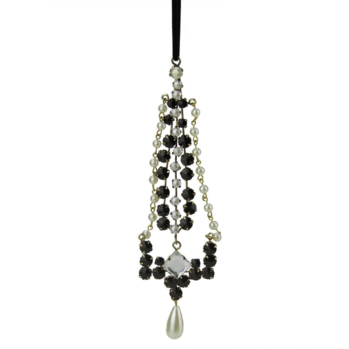 Front. CC Christmas Decor - 7" Black and White Artificial Pearl Dangle Christmas Pendant Ornament - Black.